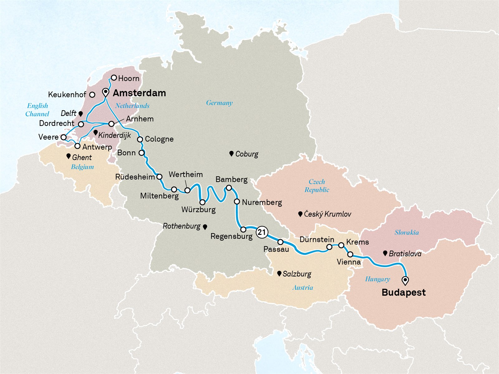 Windmills, Tulips and Belgian Delight with Jewels of Europe: Amsterdam to Budapest Scenic itinerary route map for voyage TUST160427.1