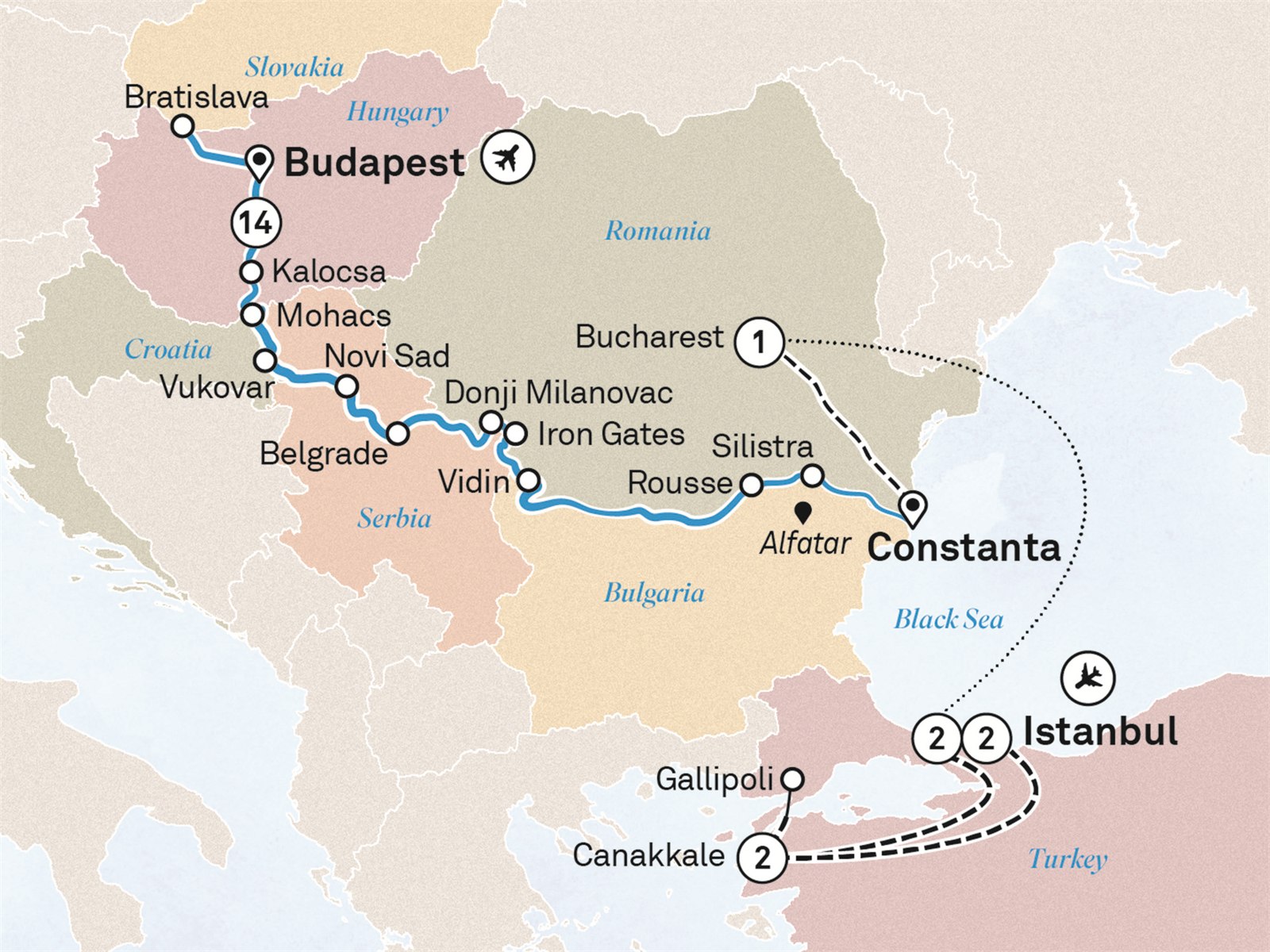 Lower Danube Discovery with Turkey: Istanbul to Budapest Scenic itinerary route map for voyage VBIS270926.2