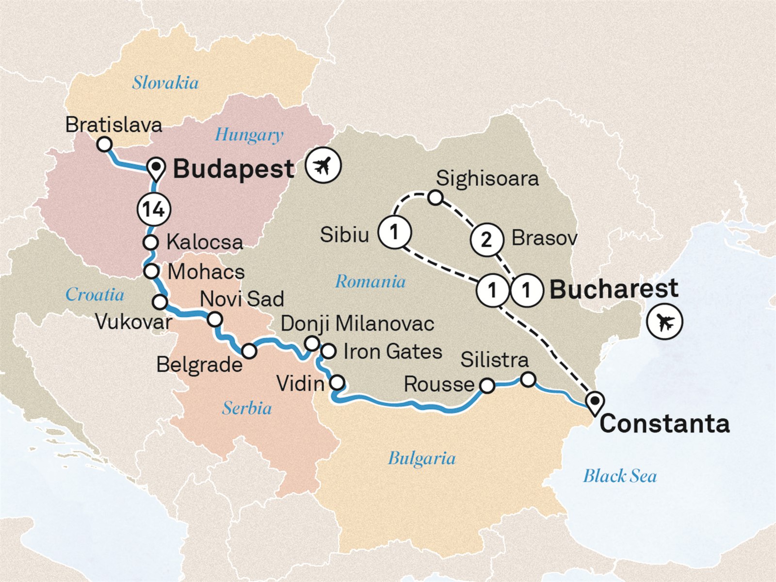 Lower Danube Discovery with Transylvania: Bucharest to Budapest Scenic itinerary route map for voyage VBTR290926.2A
