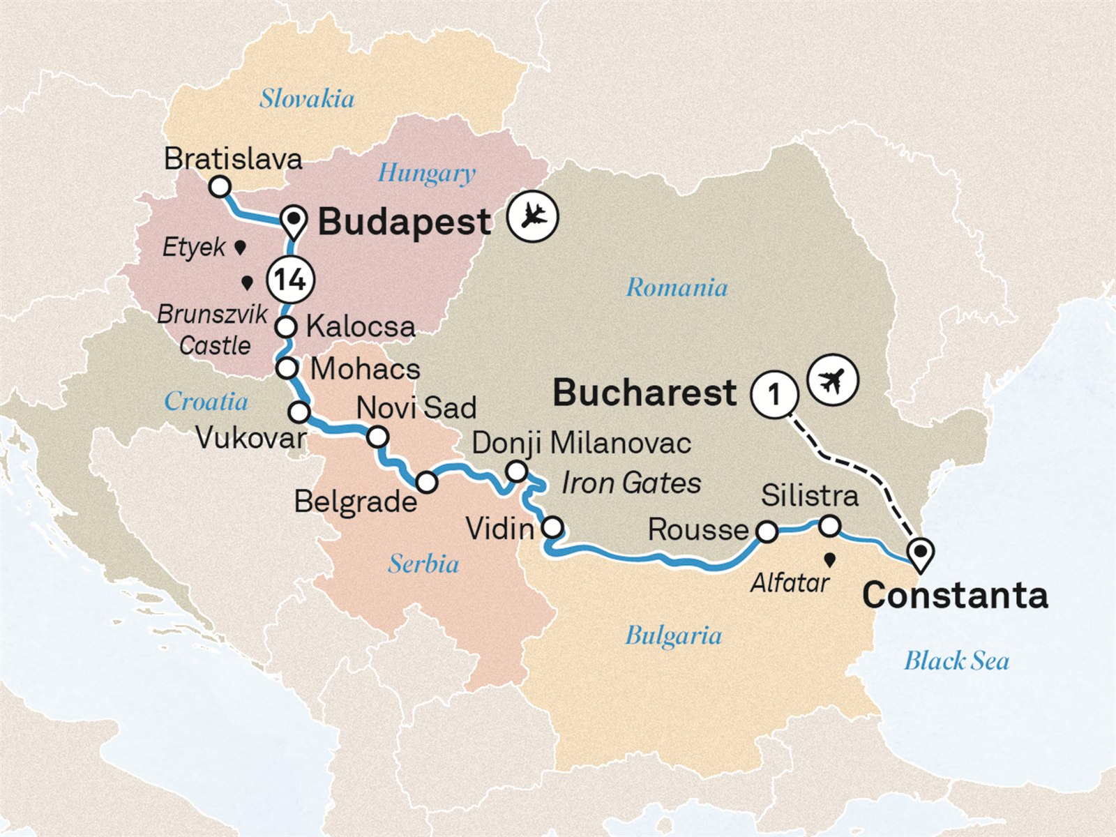 Lower Danube Discovery: Bucharest to Budapest Scenic itinerary route map for voyage VIBU031026.2