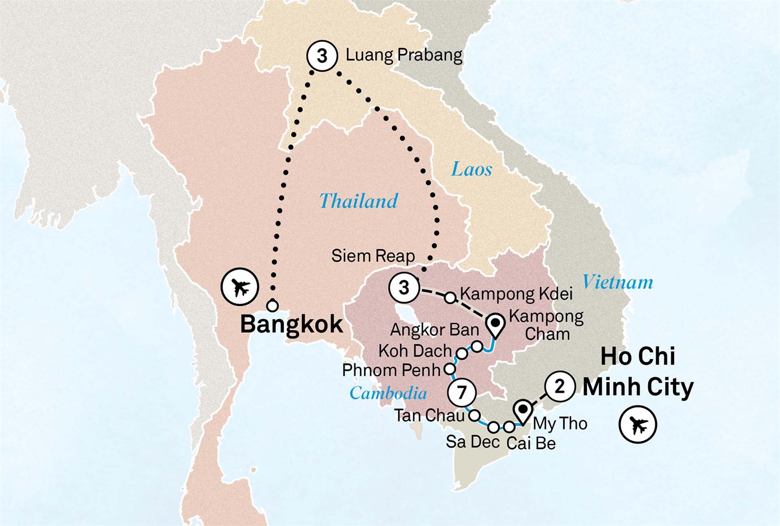 Journey along the Mekong: Ho Chi Minh City to Bangkok Scenic itinerary route map for voyage VIML070327.1