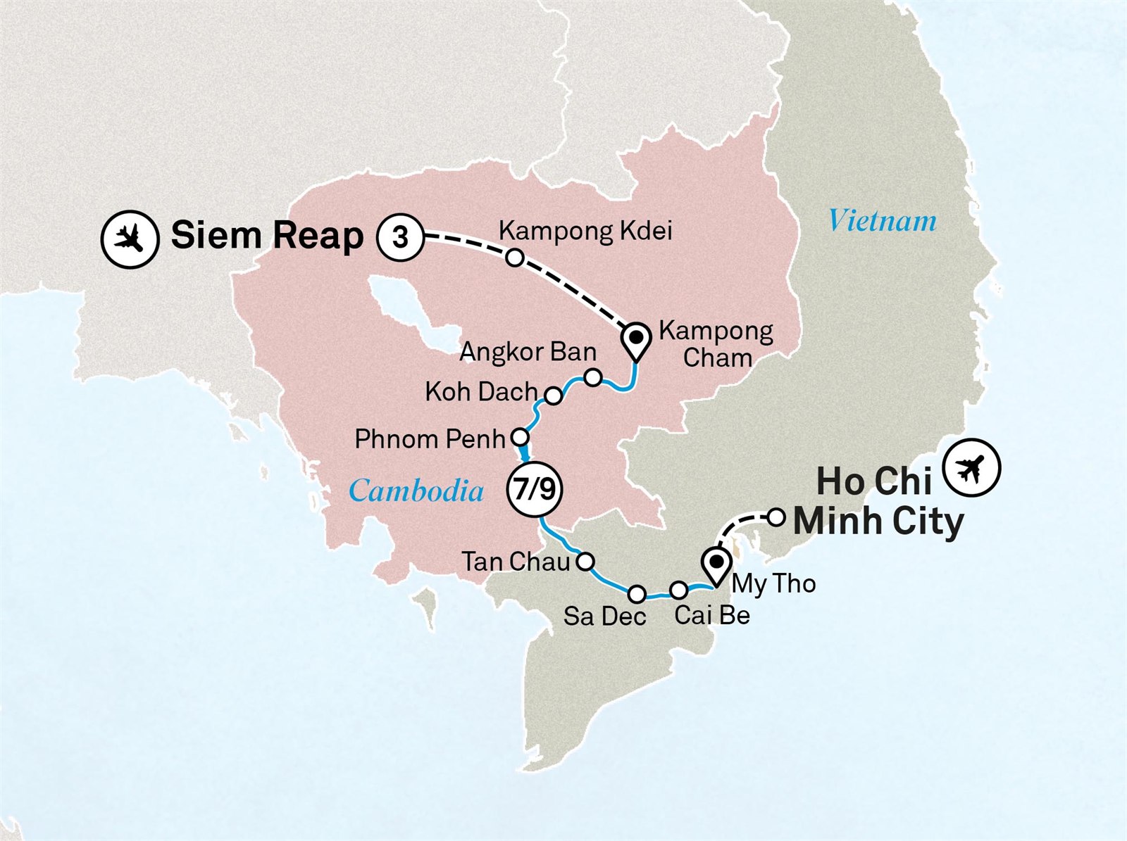 Luxury Mekong and Temple Discovery Cruise: Ho Chi Minh City to Siem Reap Scenic itinerary route map for voyage VIMR120127.1