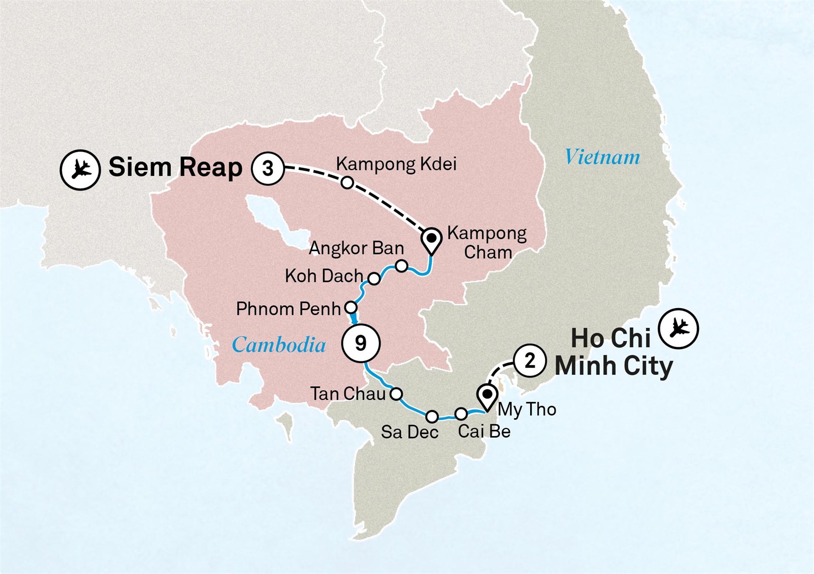 Treasures of the Mekong: Ho Chi Minh City to Siem Reap Scenic itinerary route map for voyage VIMS070227.1