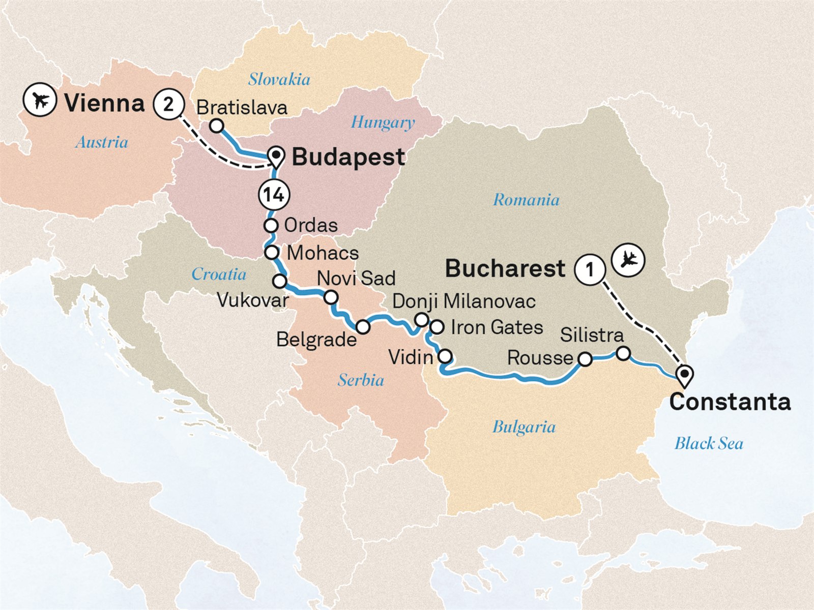 Lower Danube Discovery with Vienna: Bucharest to Vienna Scenic itinerary route map for voyage VVIB031026.2