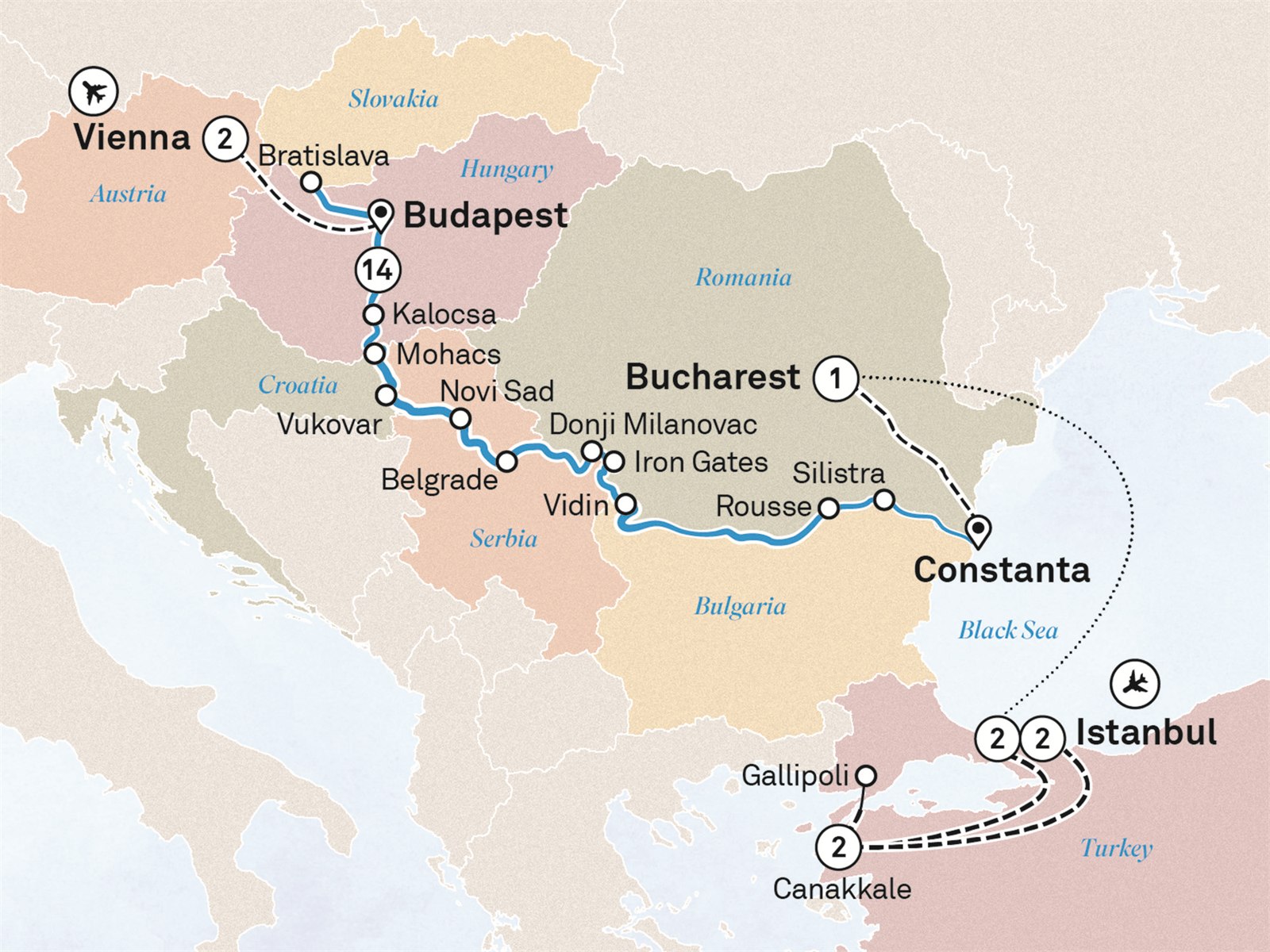 Lower Danube Discovery with Vienna & Istanbul Scenic itinerary route map for voyage VVIS270926.2