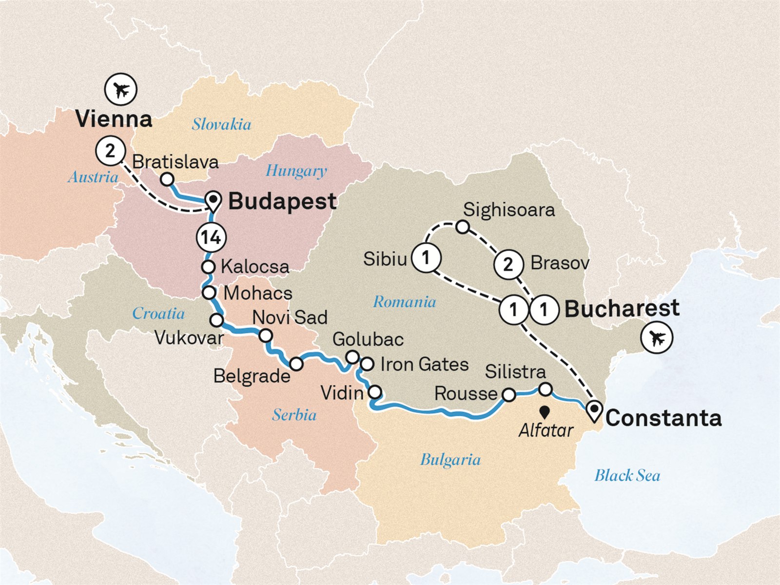 Lower Danube Discovery with Vienna & Transylvania: Bucharest to Vienna Scenic itinerary route map for voyage VVTR290926.2A