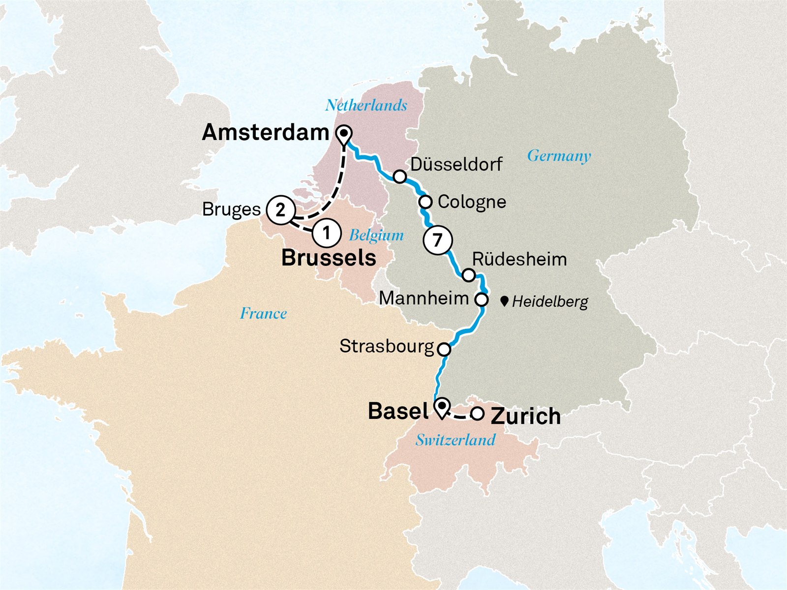Rhine Christmas Markets with Enchanting Belgium: Brussels to Zurich Scenic itinerary route map for voyage XABB251127.1