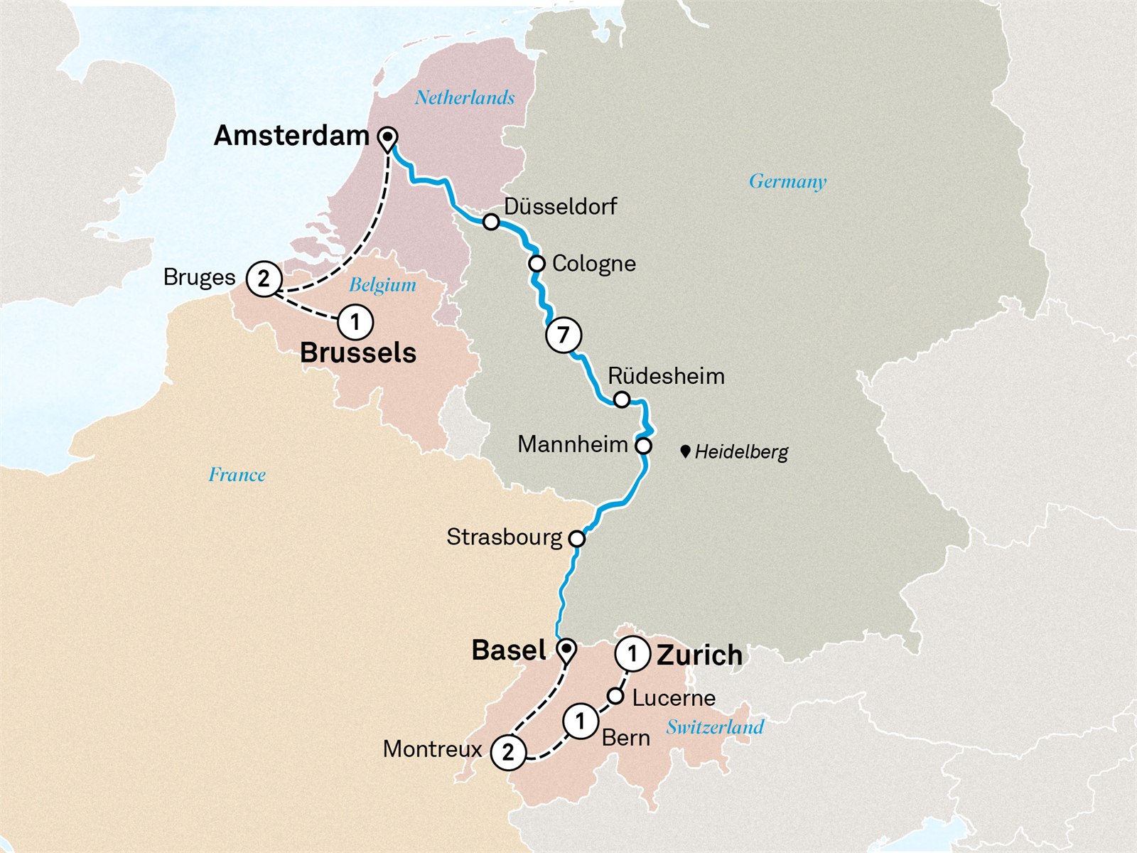 Rhine Christmas Markets with Bruges & Switzerland: Brussels to Zurich Scenic itinerary route map for voyage XABS251127.1