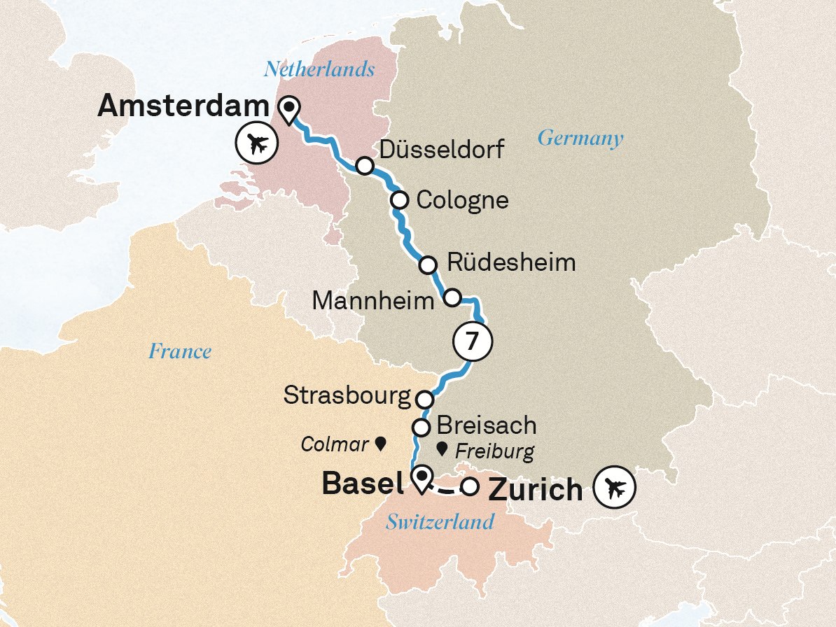 Rhine Christmas Markets: Zurich to Amsterdam Scenic itinerary route map for voyage XAMB161226.2
