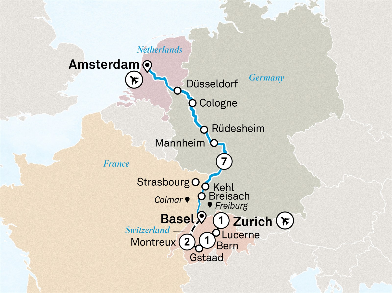 Rhine Christmas Markets with Switzerland: Zurich to Amsterdam Scenic itinerary route map for voyage XAMW041226.2