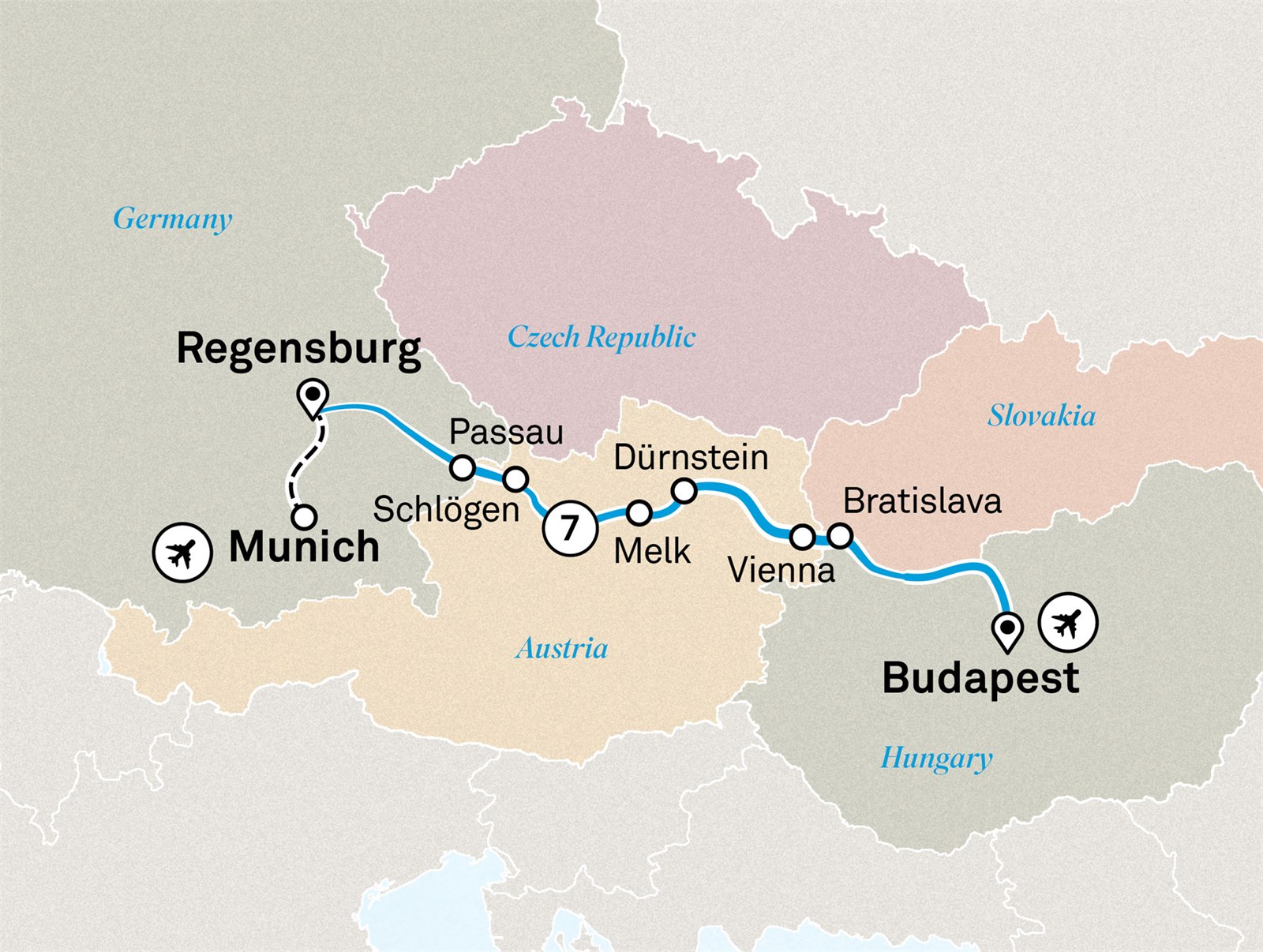 Danube Christmas Markets: Munich to Budapest Scenic itinerary route map for voyage XNBU071227.1
