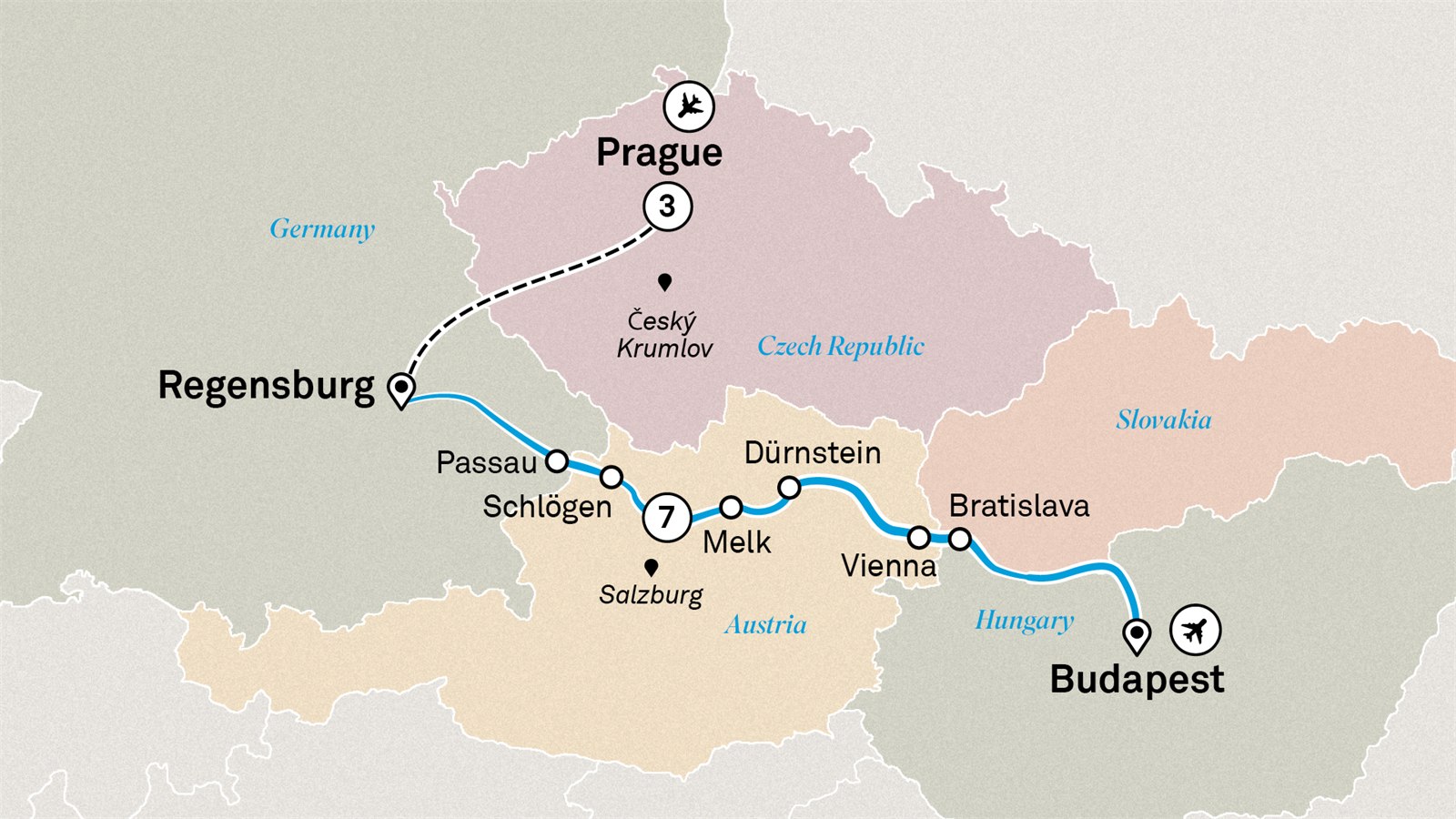 Danube Christmas Markets with Prague: Prague to Budapest Scenic itinerary route map for voyage XPNB041227.1