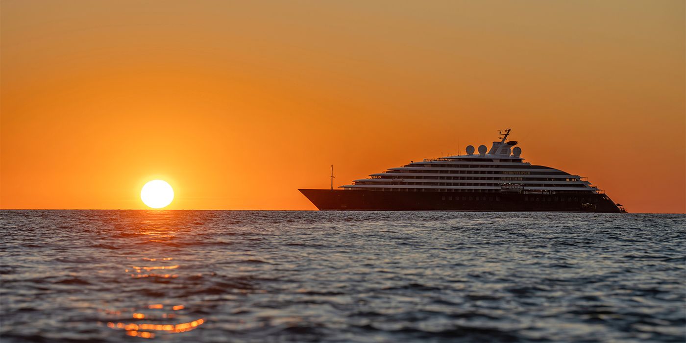 Scenic Eclipse II at sunset in Australian waters
