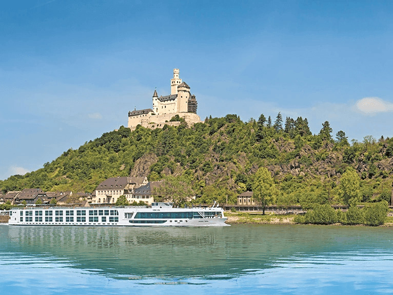 A Scenic Space-Ship sailing the Rhine beneath Marksburg Castle