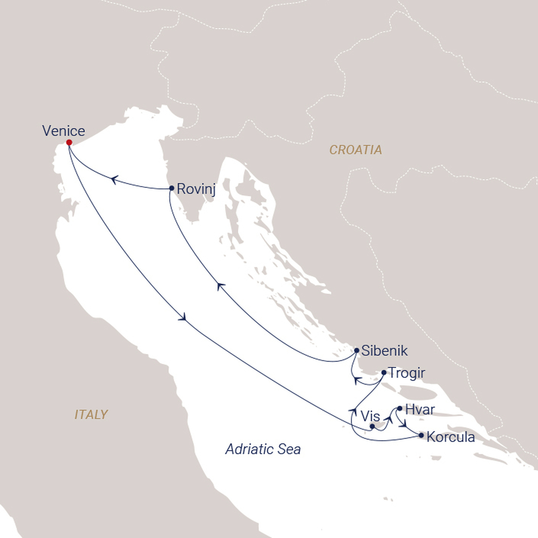Official SEA CLOUD route map for Sea Cloud II voyage SCII-2629 from Venice, Italy to Venice, Italy
