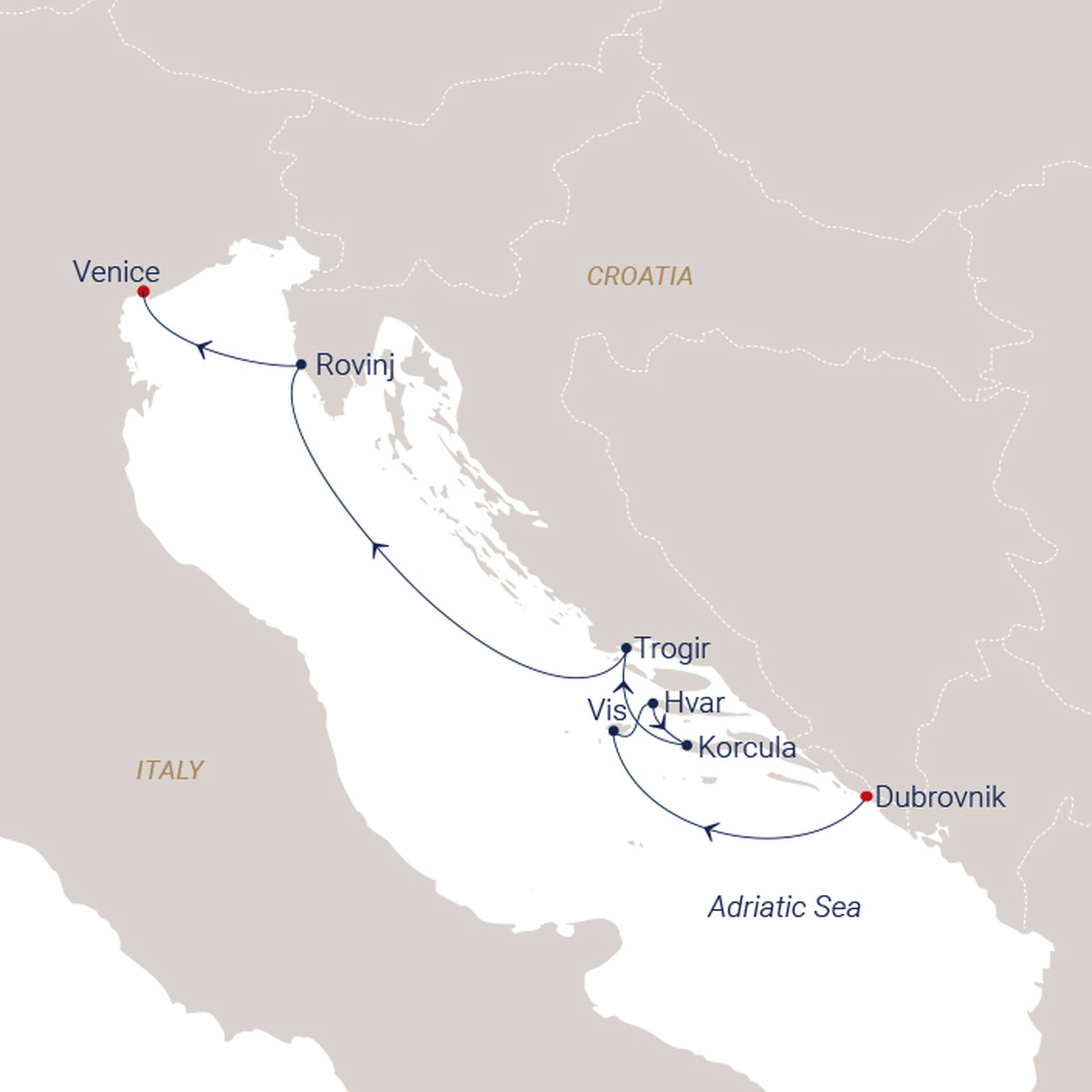 Official SEA CLOUD route map for Sea Cloud II voyage SCII-2631 from Dubrovnik, Croatia to Venice, Italy