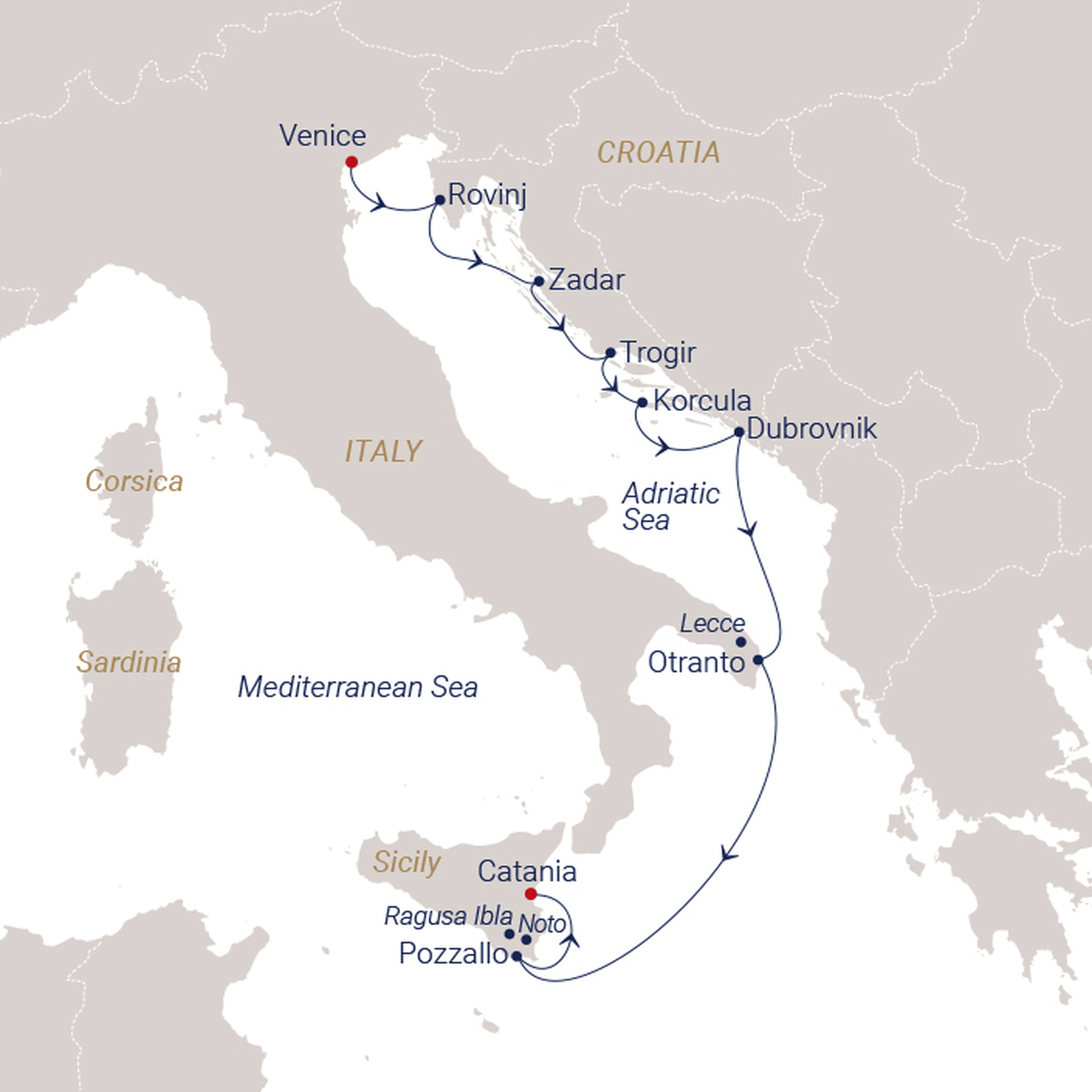 Official SEA CLOUD route map for Sea Cloud II voyage SCII-2634 from Venice, Italy to Catania, Sicily