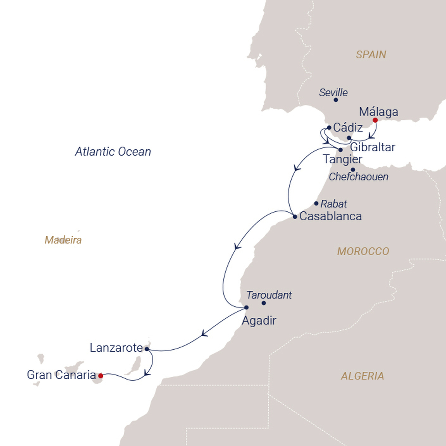 Official SEA CLOUD route map for Sea Cloud II voyage SCII-2638 from Málaga, Spain to Las Palmas, Gran Canaria