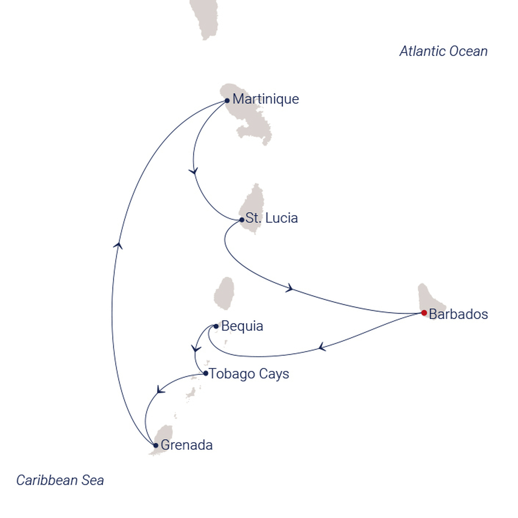 Official SEA CLOUD route map for Sea Cloud II voyage SCII-2642 from Bridgetown, Barbados to Bridgetown, Barbados