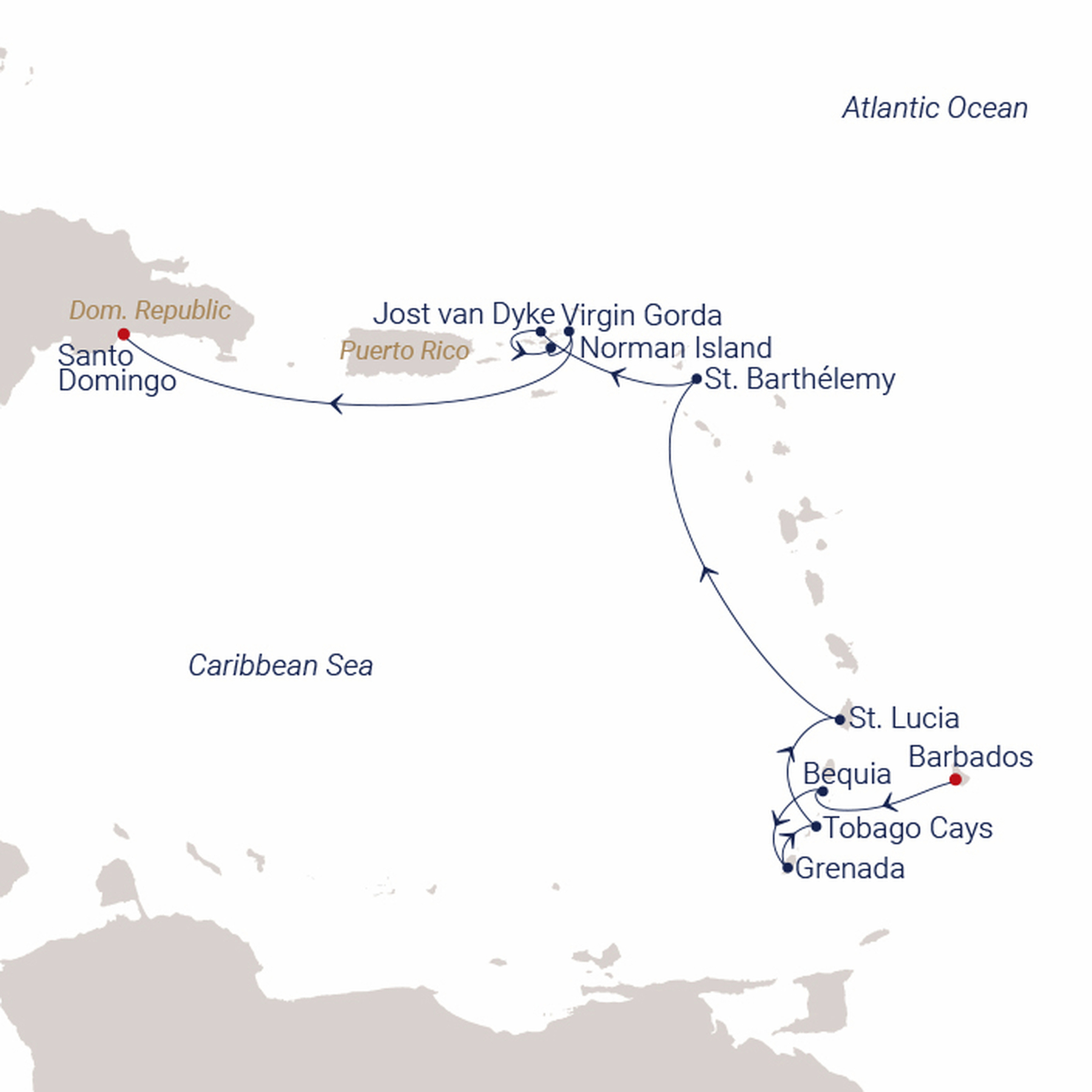 Official SEA CLOUD route map for Sea Cloud II voyage SCII-2644 from Bridgetown, Barbados to Santo Domingo, Dom. Republic