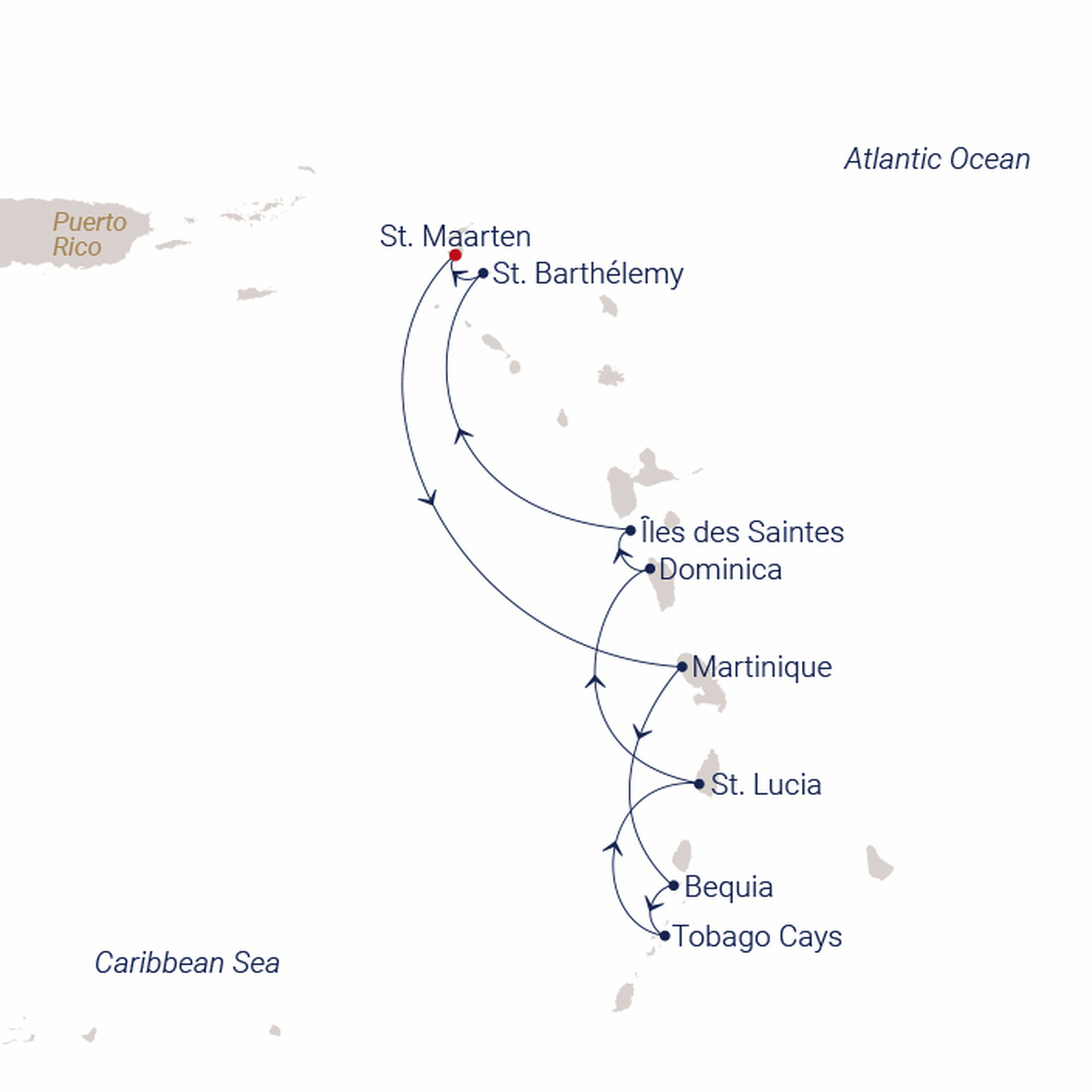 Official SEA CLOUD route map for Sea Cloud II voyage SCII-2708 from Philipsburg, St. Maarten to Philipsburg, St. Maarten