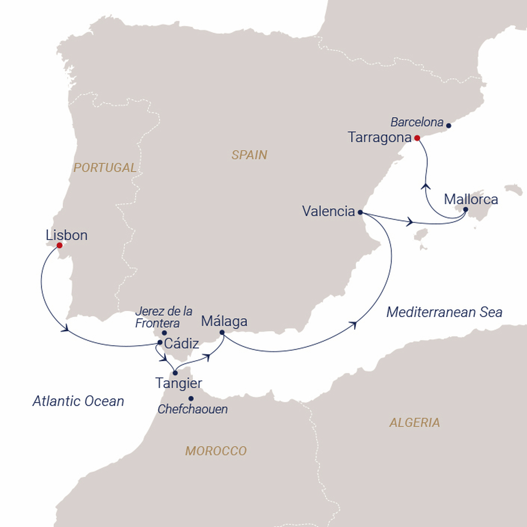 Official SEA CLOUD route map for Sea Cloud II voyage SCII-2712 from Lisbon, Portugal to Tarragona, Spain