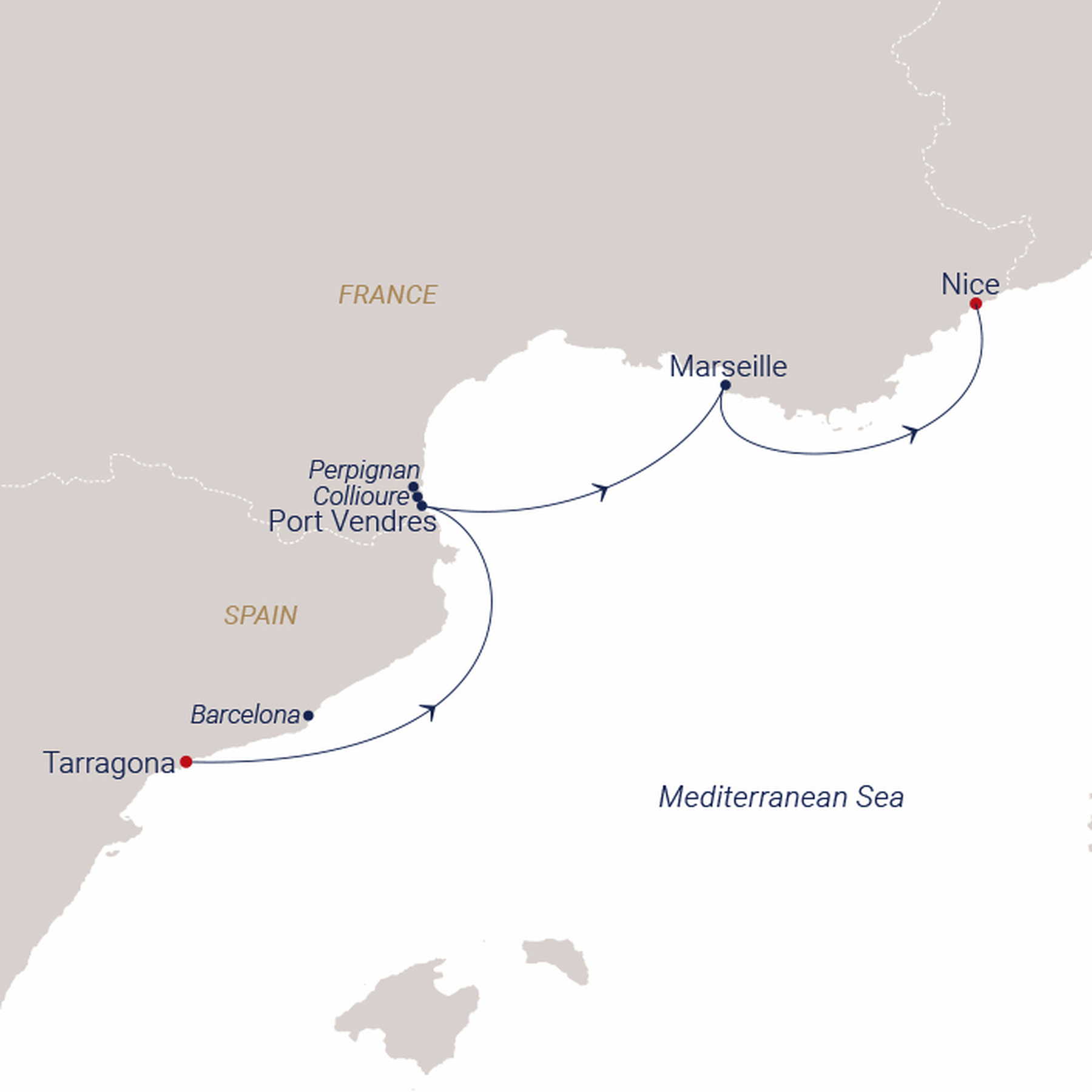 Official SEA CLOUD route map for Sea Cloud II voyage SCII-2713 from Tarragona, Spain to Nice, France