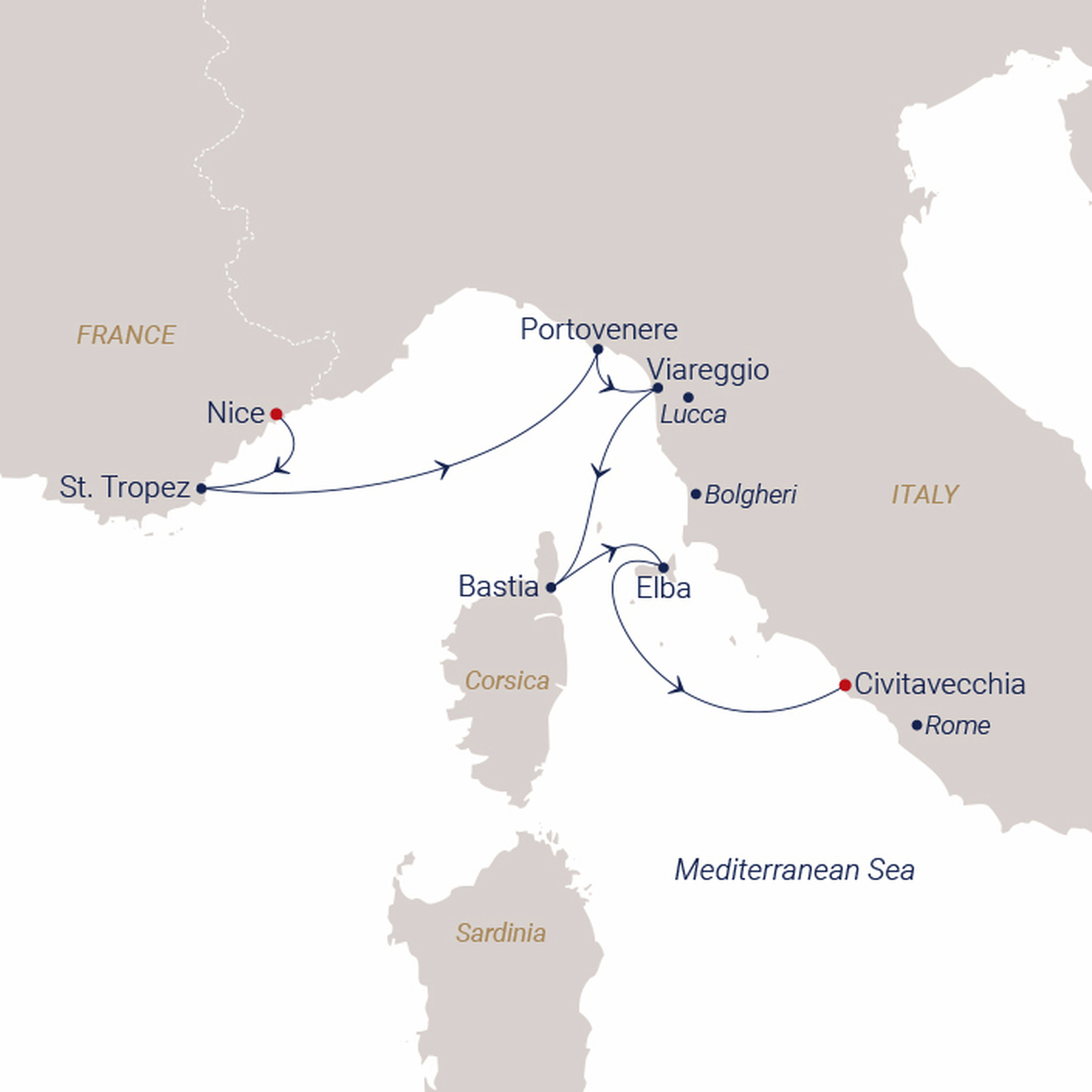 Official SEA CLOUD route map for Sea Cloud II voyage SCII-2714 from Nice, France to Rome (Civitavecchia), Italy