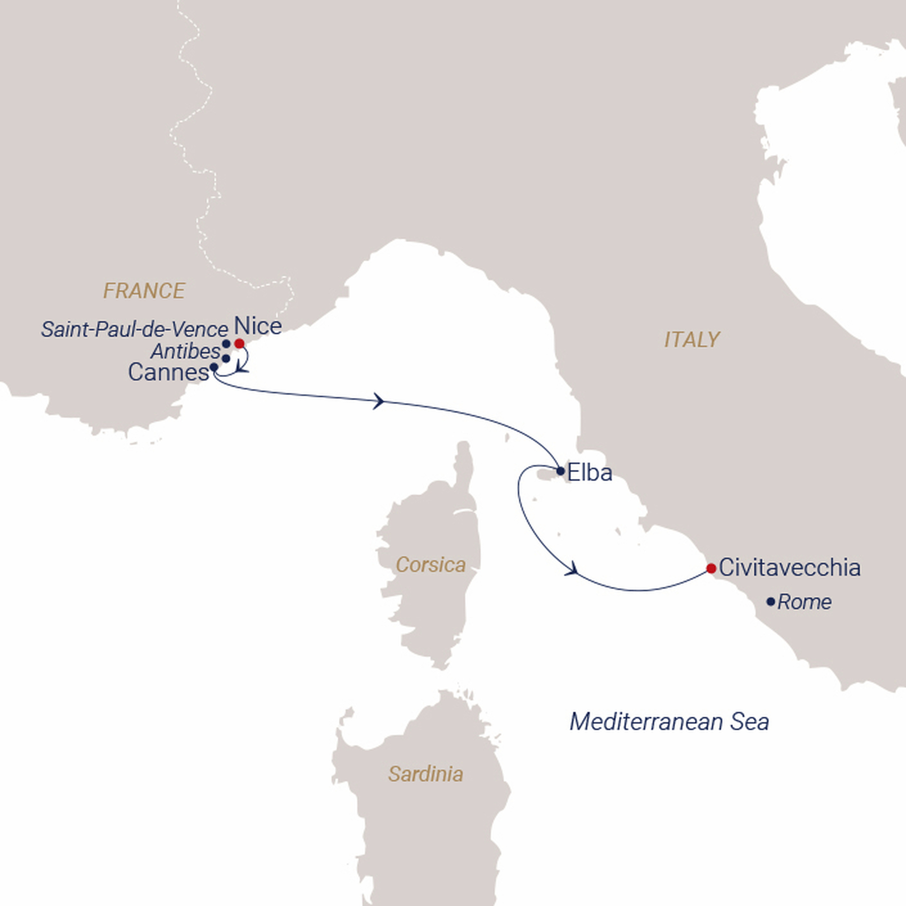 Official SEA CLOUD route map for Sea Cloud II voyage SCII-2717 from Nice, France to Rome (Civitavecchia), Italy