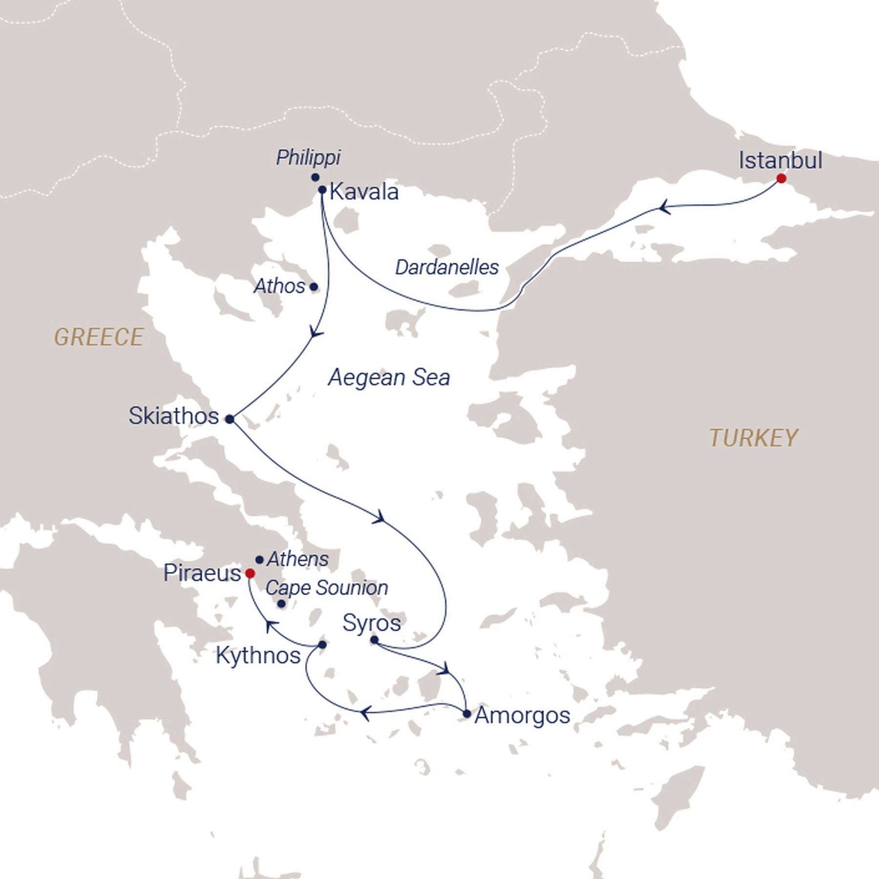 Official SEA CLOUD route map for Sea Cloud II voyage SCII-2724 from Istanbul, Turkey to Athens (Piraeus), Greece