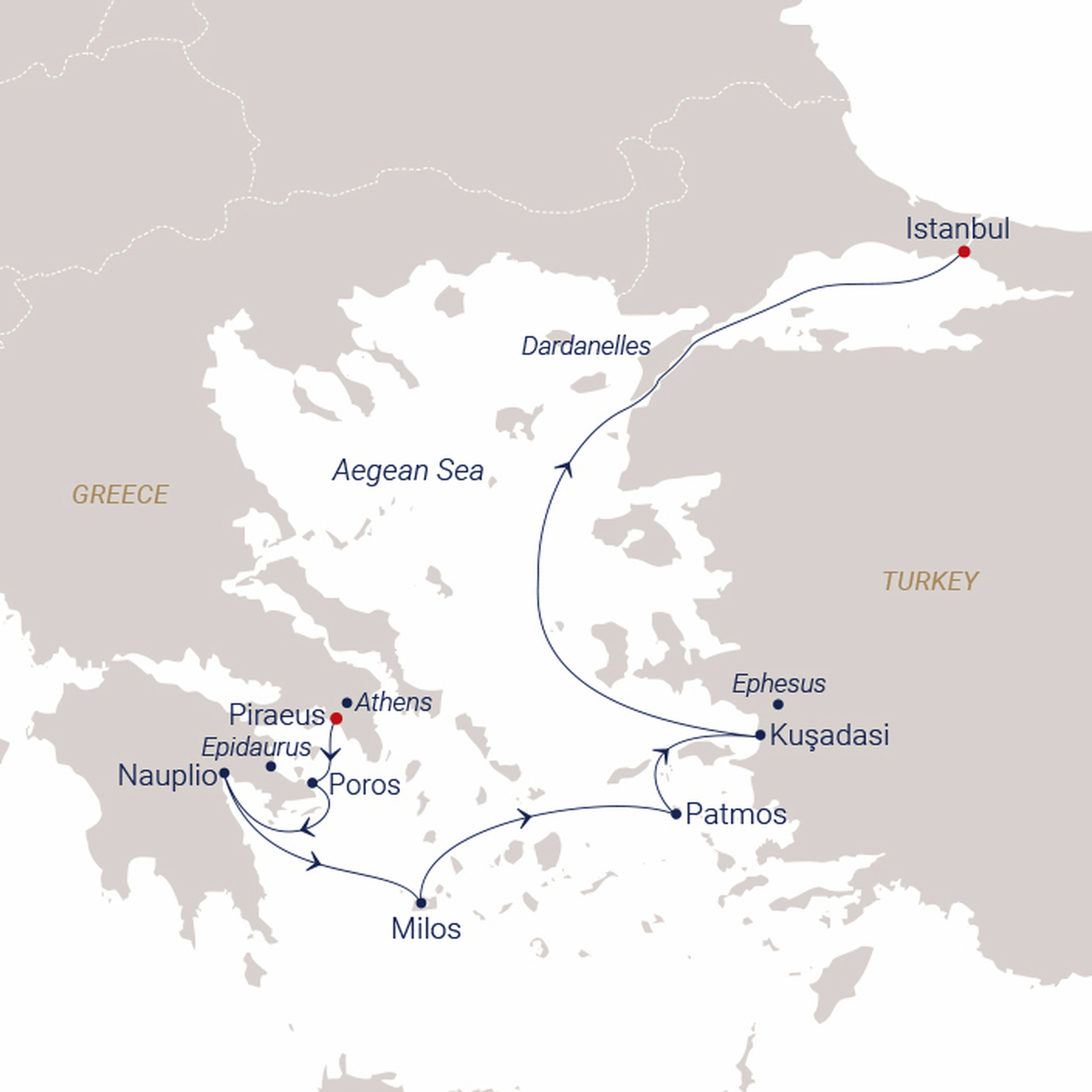 Official SEA CLOUD route map for Sea Cloud II voyage SCII-2725 from Athens (Piraeus), Greece to Istanbul, Turkey
