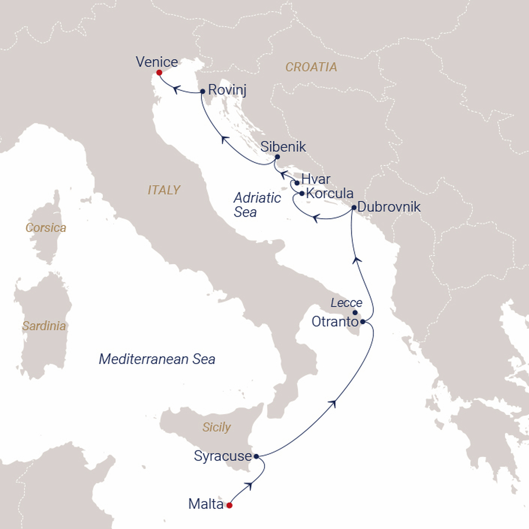 Official SEA CLOUD route map for Sea Cloud II voyage SCII-2730 from Valletta, Malta to Venice, Italy
