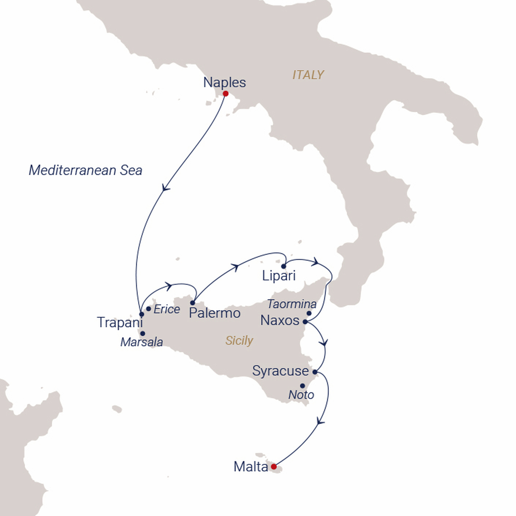 Official SEA CLOUD route map for Sea Cloud II voyage SCII-2735 from Naples, Italy to Valletta, Malta