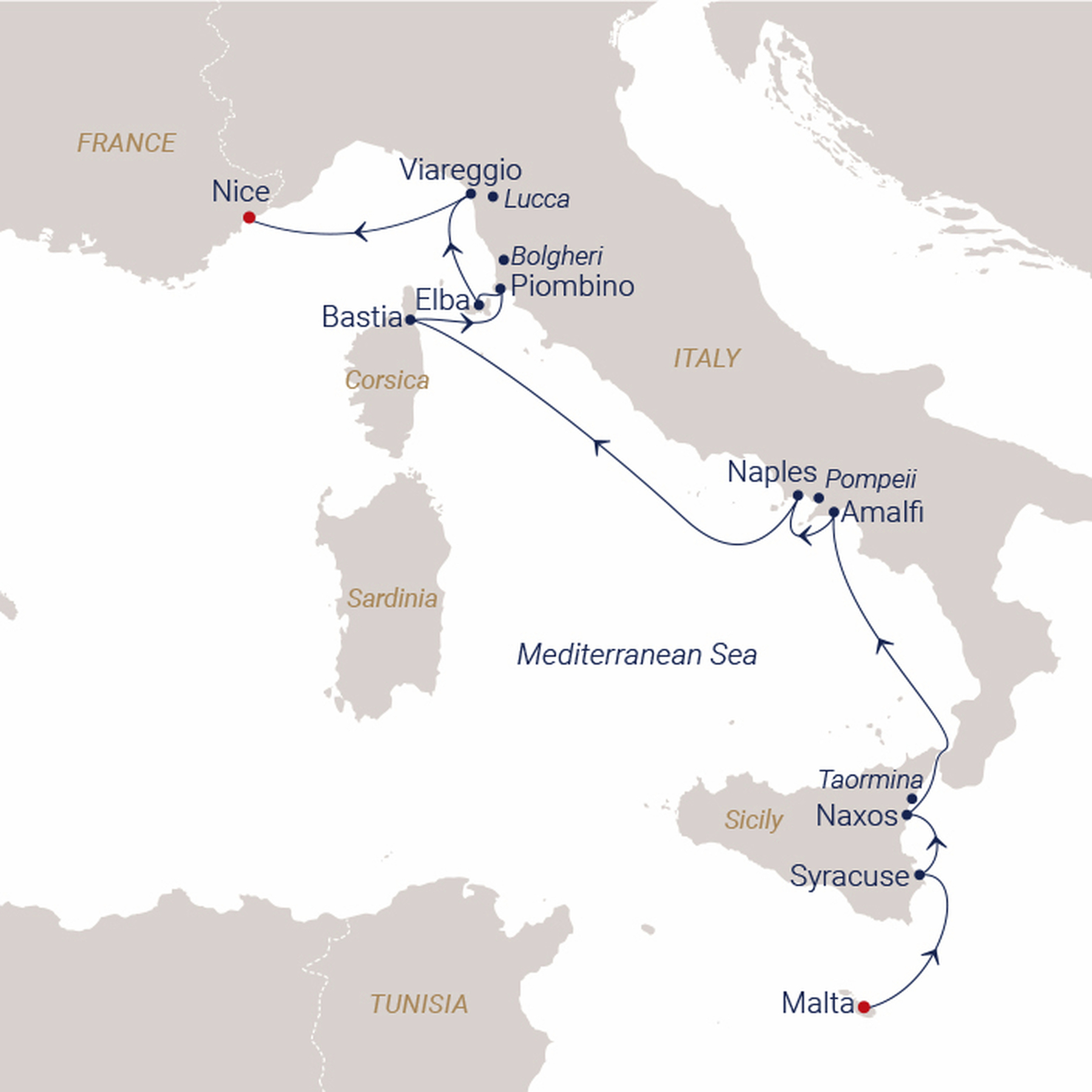 Official SEA CLOUD route map for Sea Cloud II voyage SCII-2736 from Valletta, Malta to Nice, France