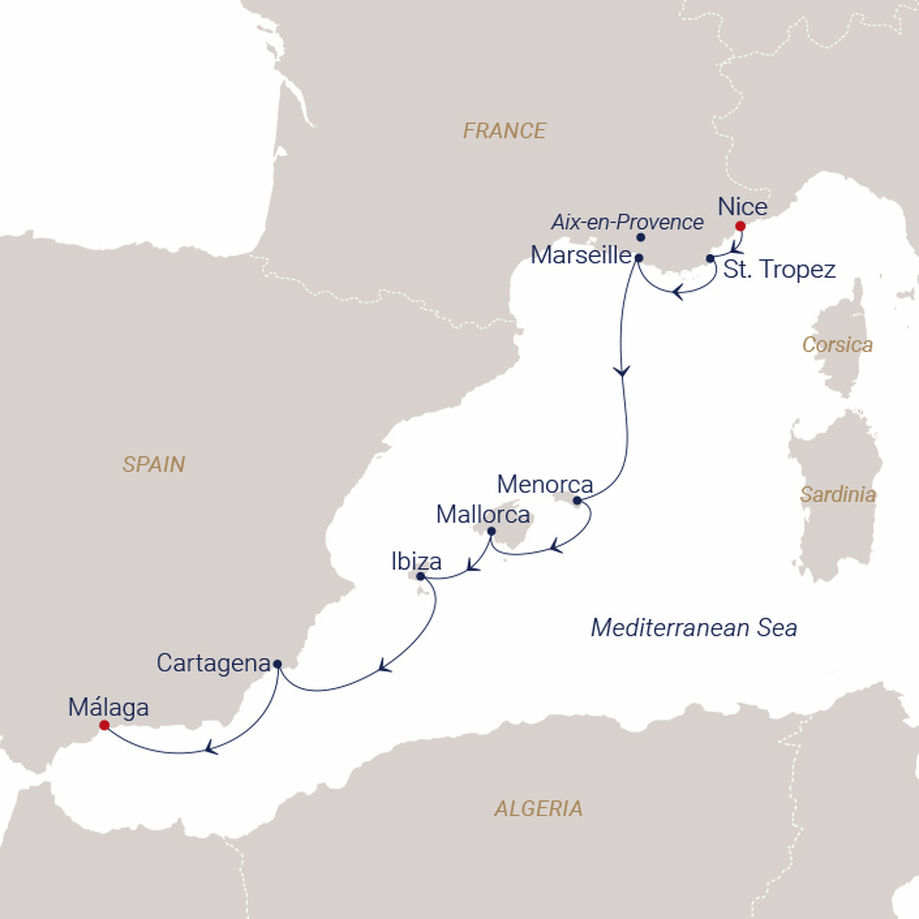 Official SEA CLOUD route map for Sea Cloud II voyage SCII-2737 from Nice, France to Málaga, Spain
