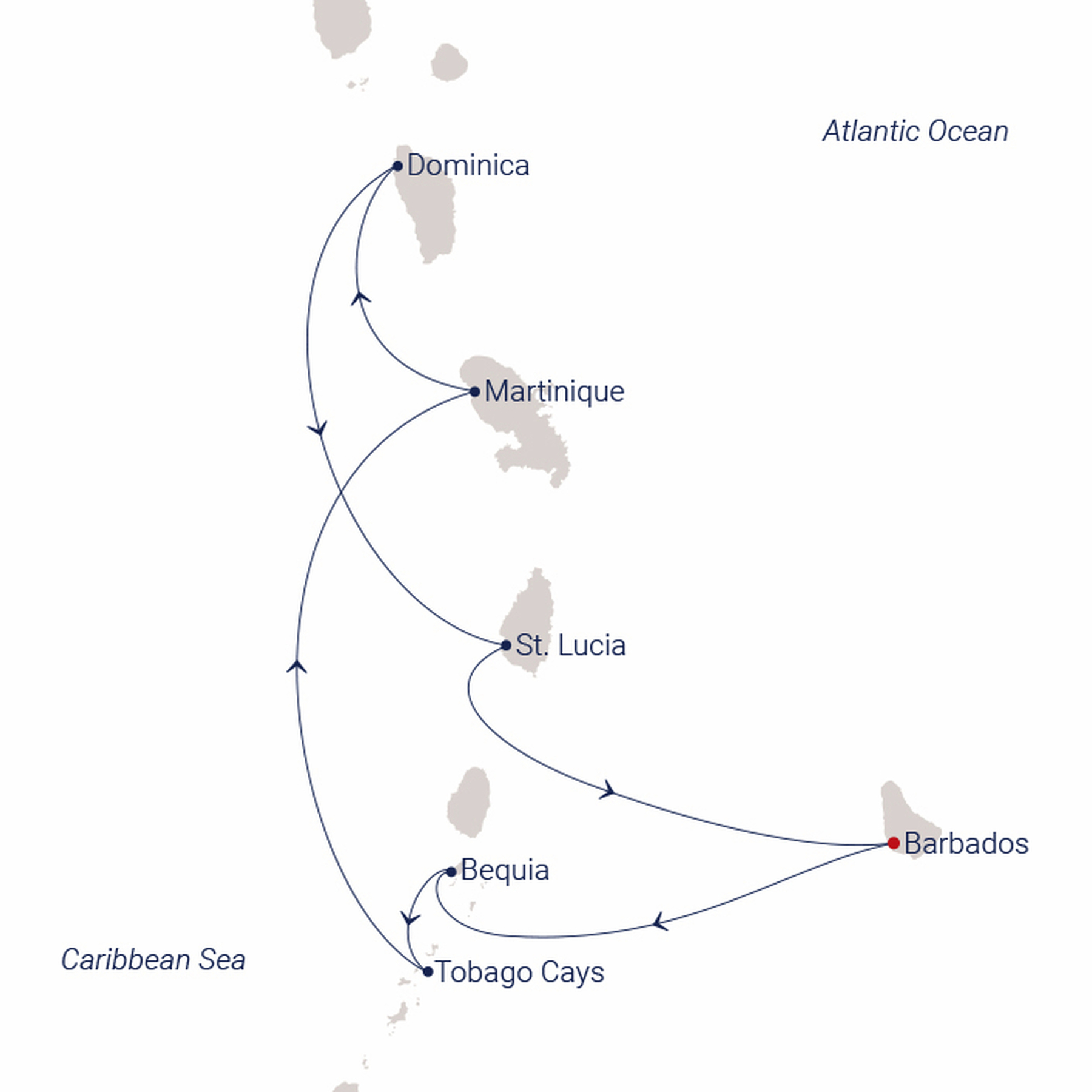 Official SEA CLOUD route map for Sea Cloud II voyage SCII-2744 from Bridgetown, Barbados to Bridgetown, Barbados