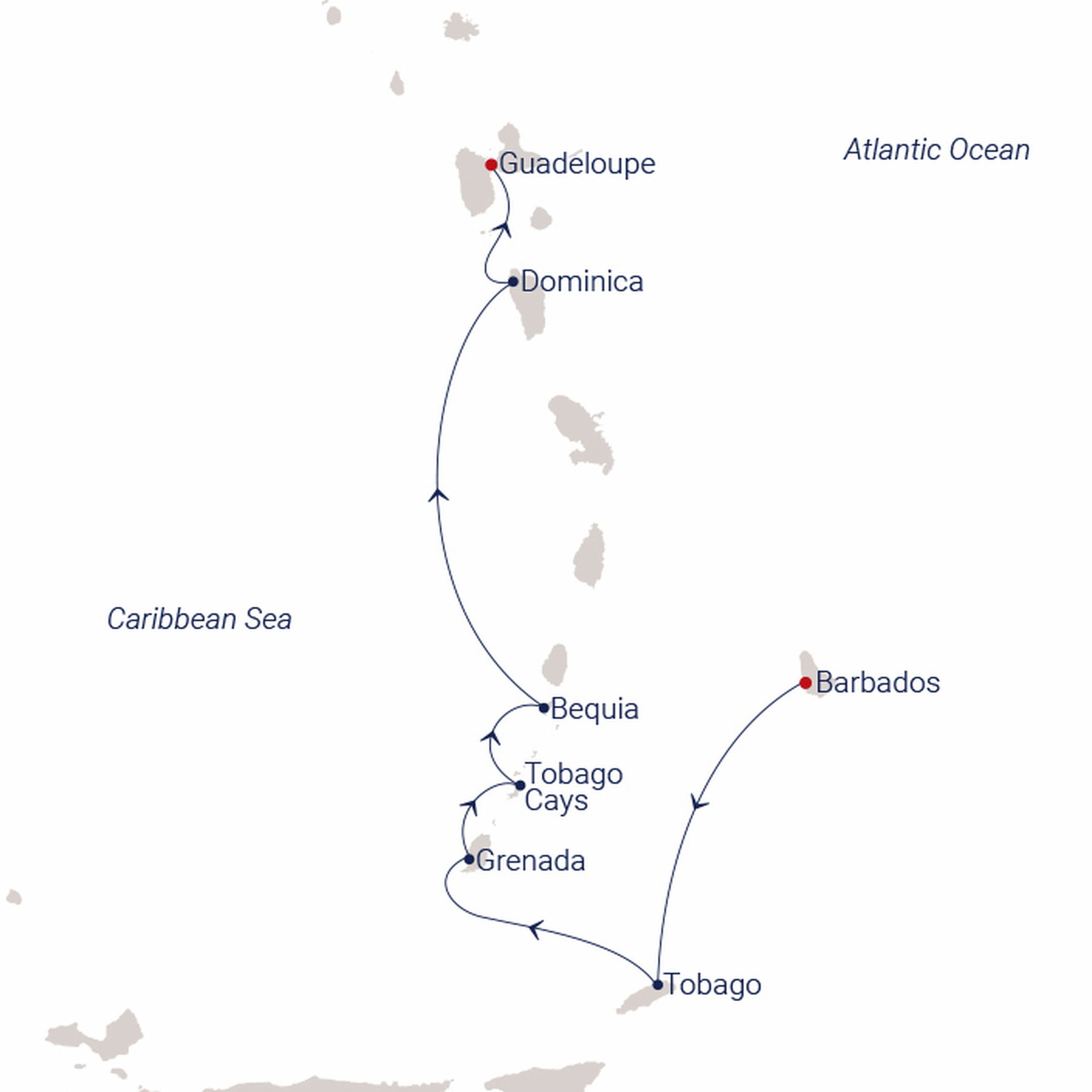 Official SEA CLOUD route map for Sea Cloud II voyage SCII-2745 from Bridgetown, Barbados to Pointe-à-Pitre, Guadeloupe
