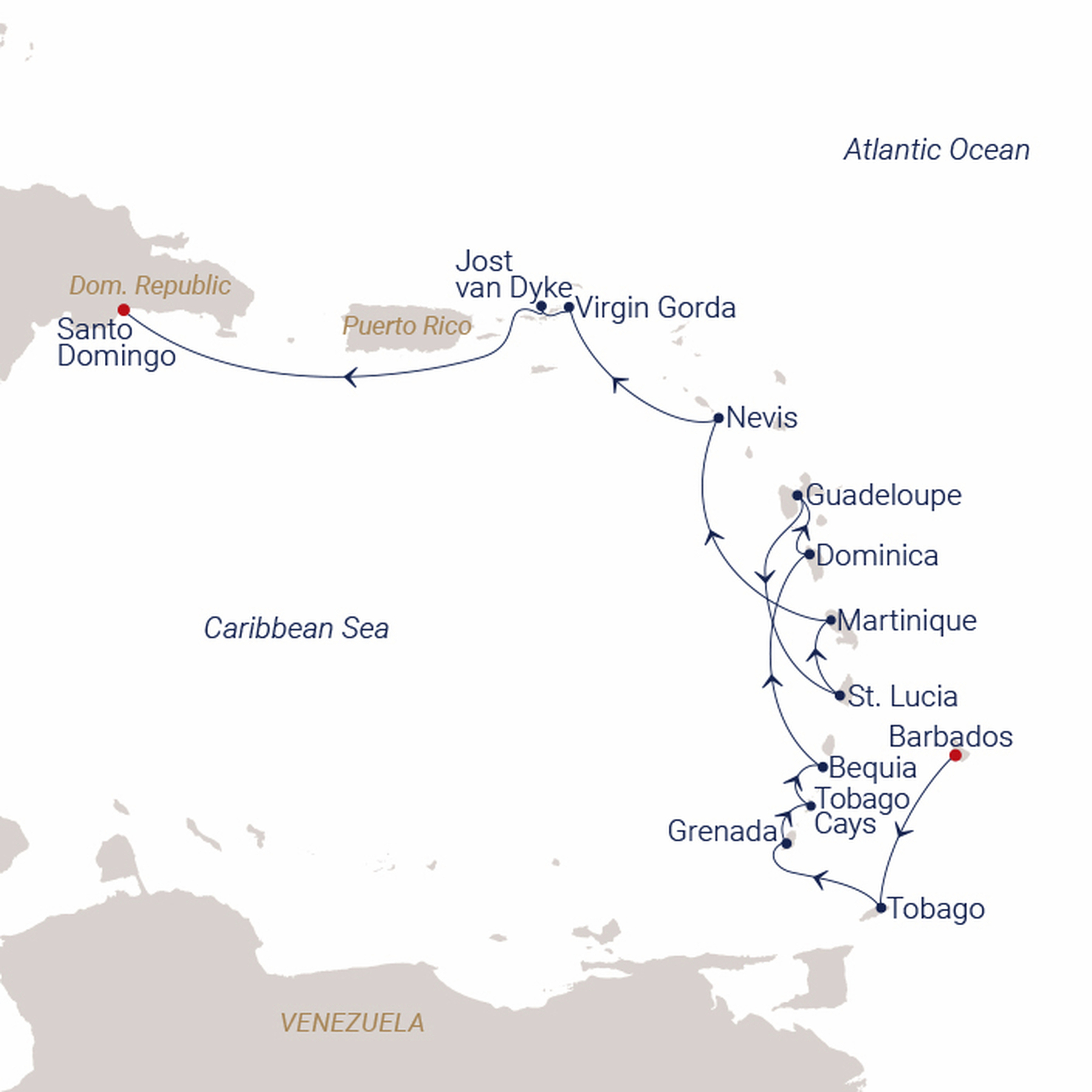 Official SEA CLOUD route map for Sea Cloud II voyage SCII-274546 from Bridgetown, Barbados to Santo Domingo, Dom. Republic