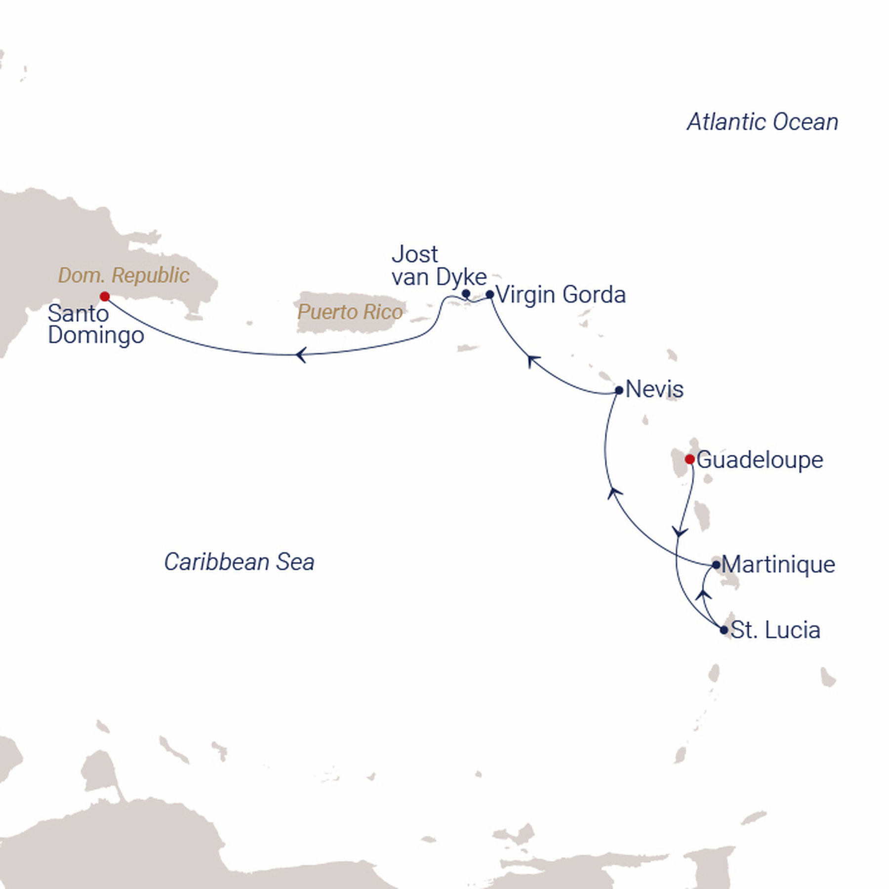 Official SEA CLOUD route map for Sea Cloud II voyage SCII-2746 from Pointe-à-Pitre, Guadeloupe to Santo Domingo, Dom. Republic