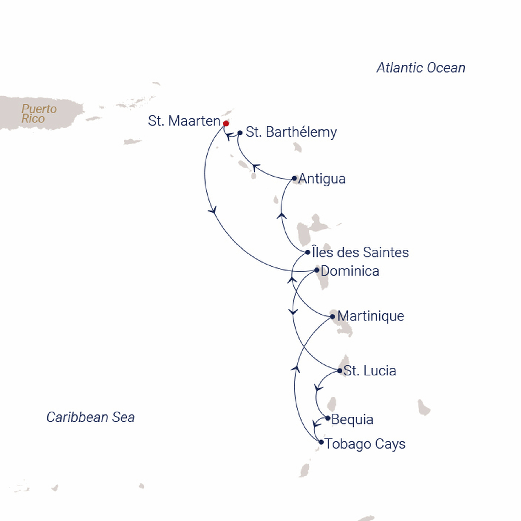 Official SEA CLOUD route map for Sea Cloud II voyage SCII-2808 from Bridgetown, Barbados to Philipsburg, St. Maarten