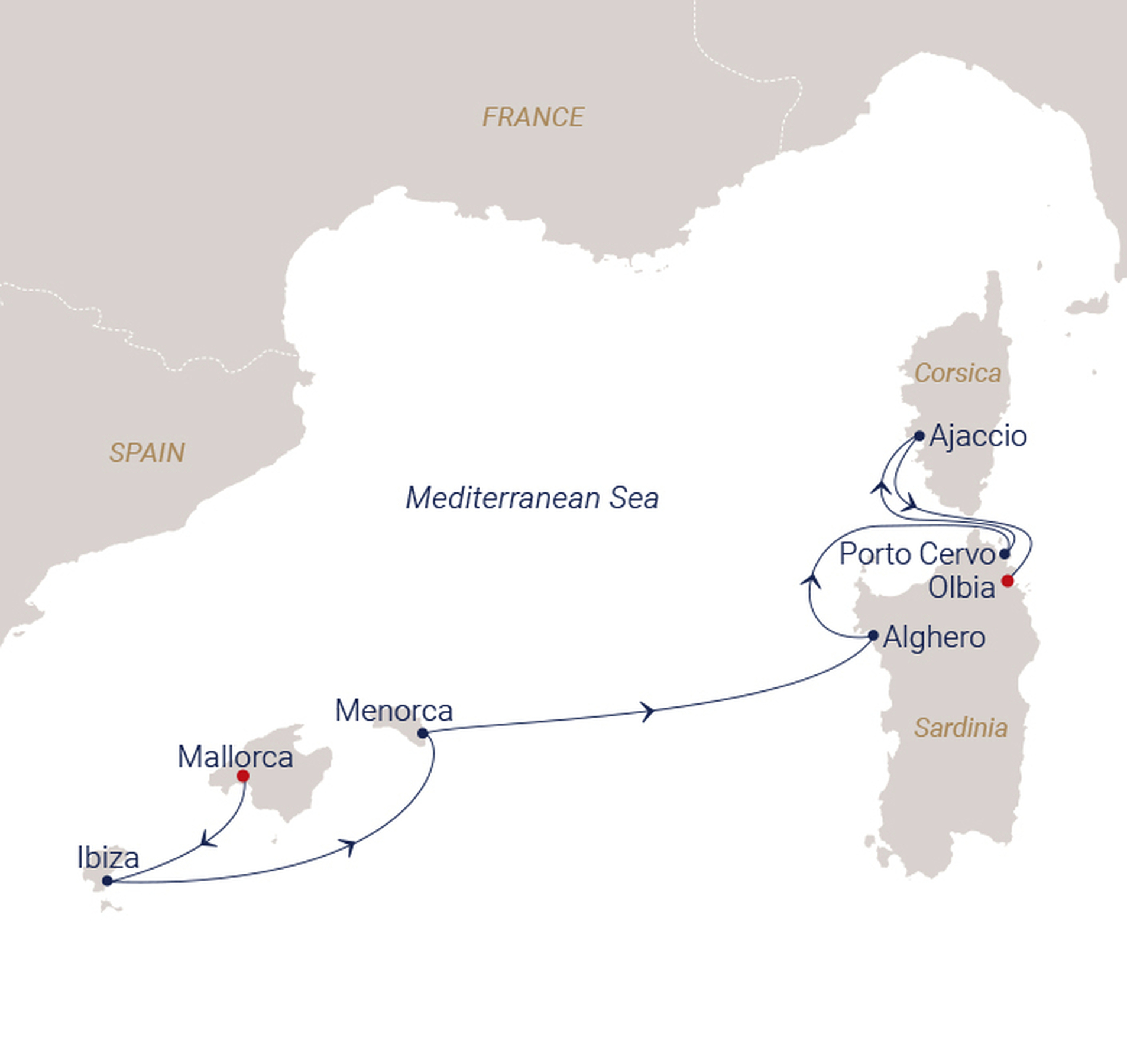 Official SEA CLOUD route map for Sea Cloud Spirit voyage SCS-2628 from Palma de Mallorca, Spain to Olbia, Sardinia