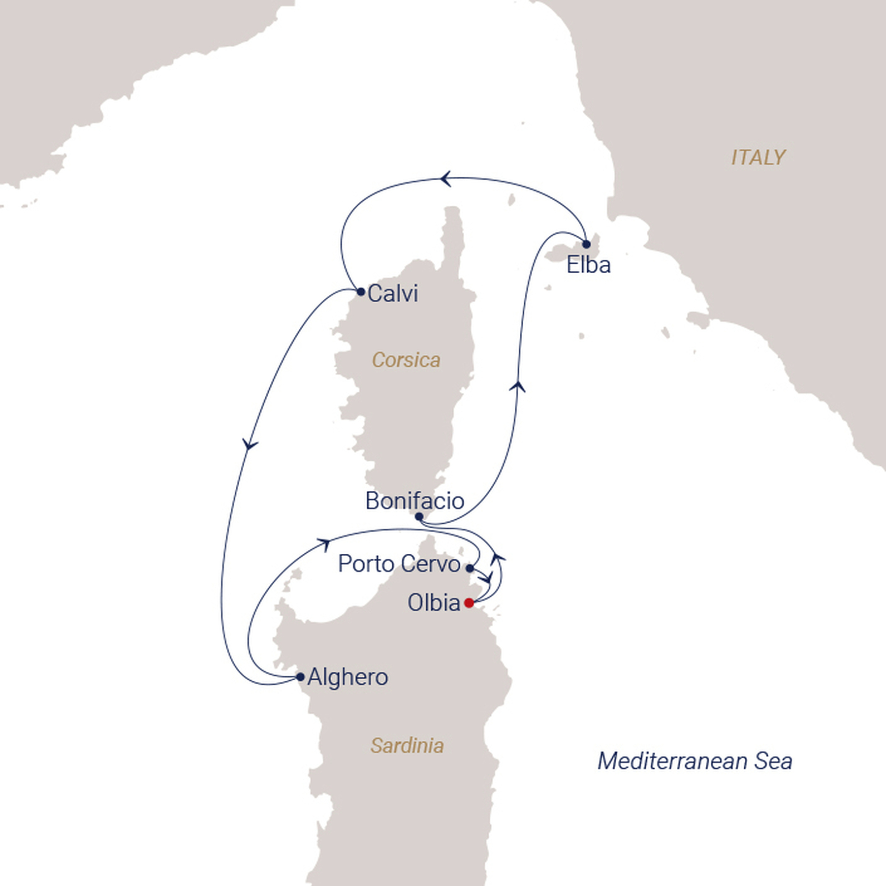 Official SEA CLOUD route map for Sea Cloud Spirit voyage SCS-2629 from Olbia, Sardinia to Olbia, Sardinia