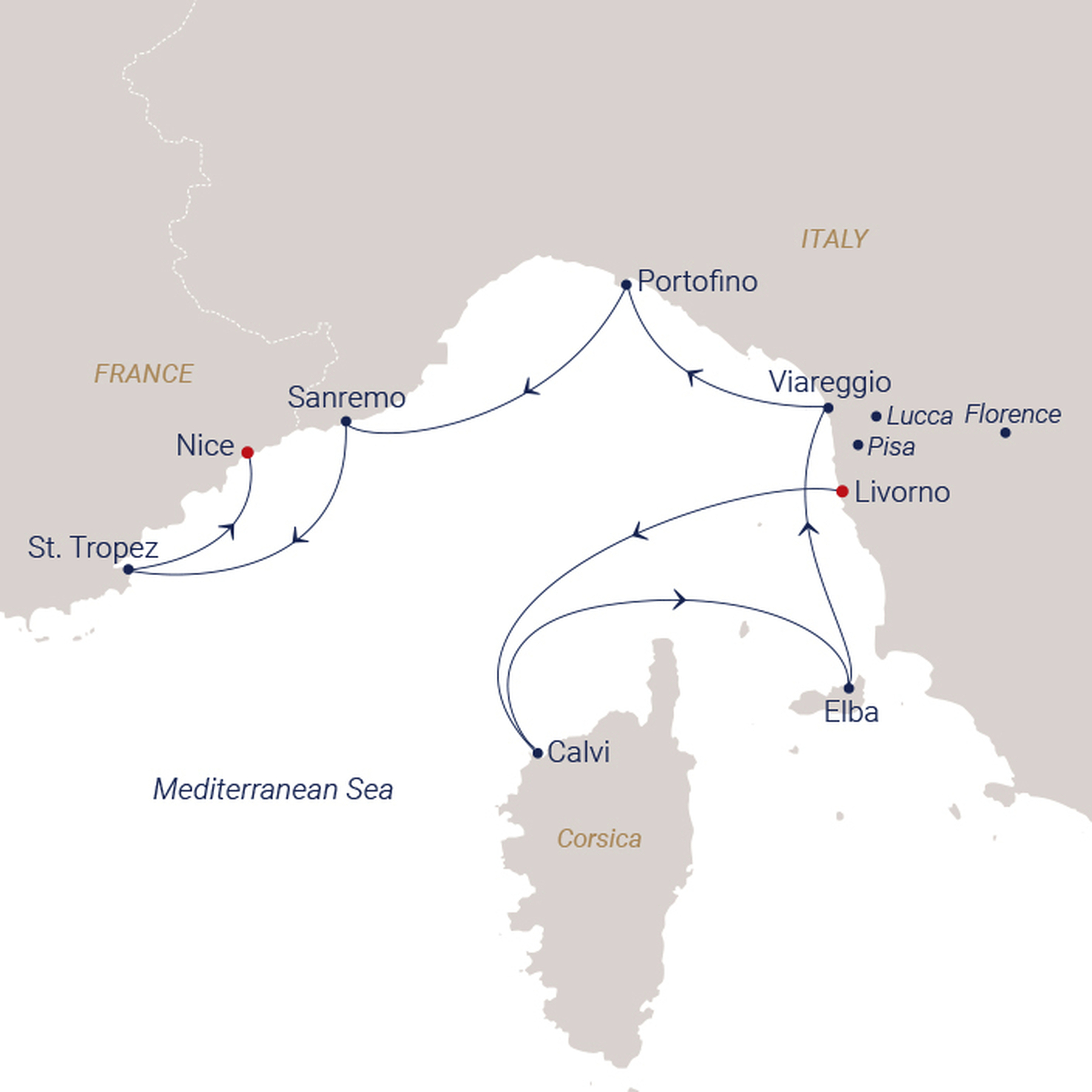 Official SEA CLOUD route map for Sea Cloud Spirit voyage SCS-2632 from Livorno, Italy to Nice, France