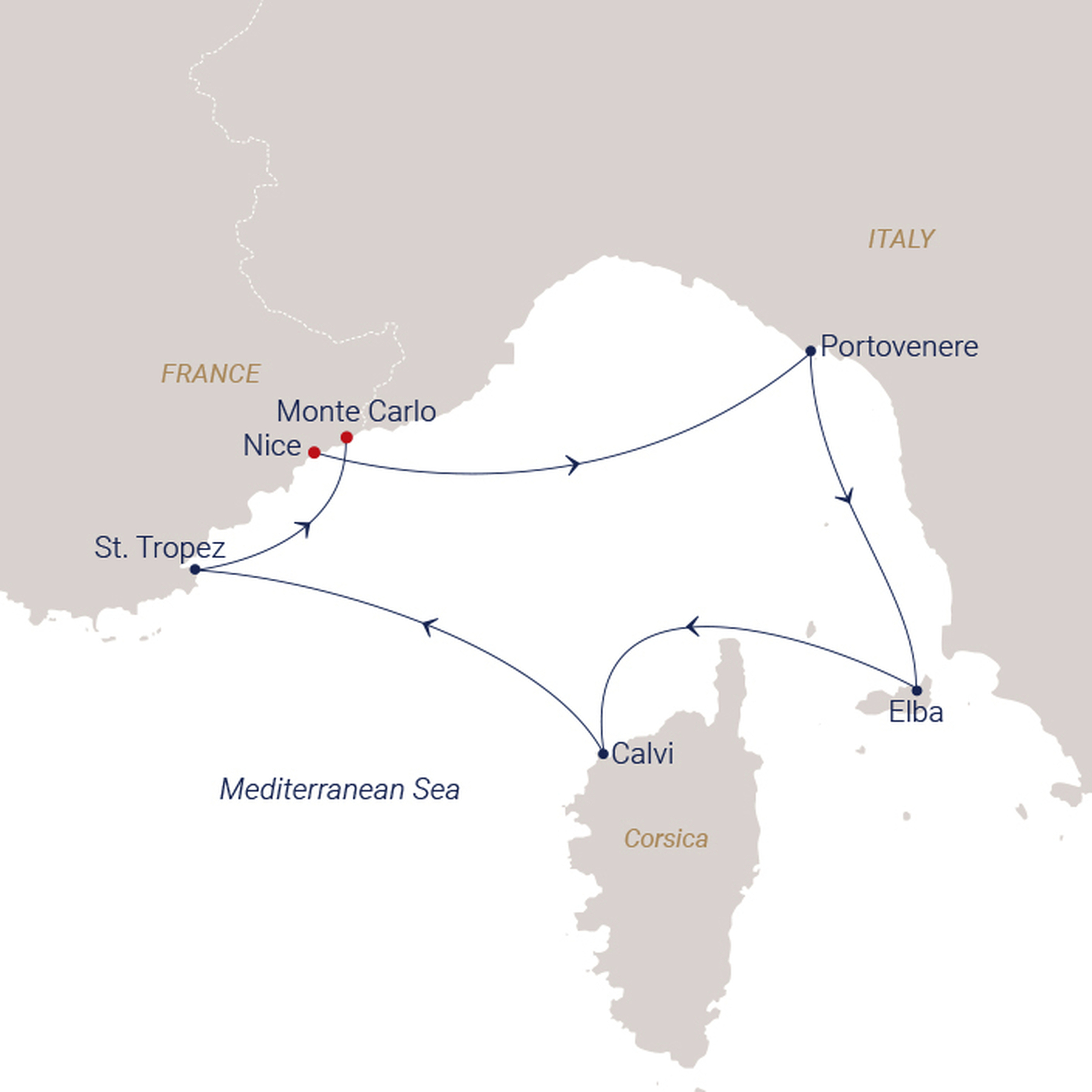Official SEA CLOUD route map for Sea Cloud Spirit voyage SCS-2633 from Nice, France to Monte Carlo, Monaco