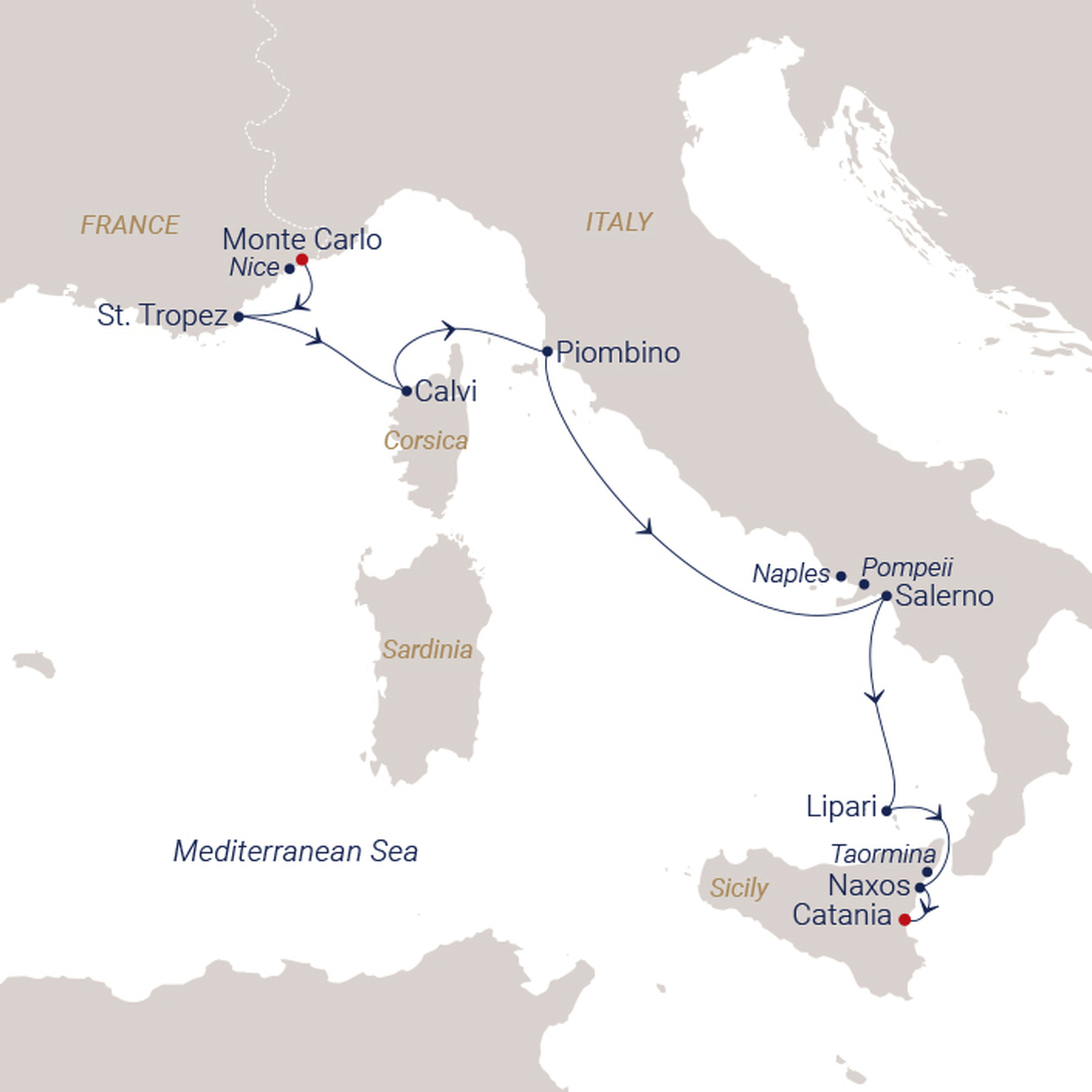 Official SEA CLOUD route map for Sea Cloud Spirit voyage SCS-2634 from Monte Carlo, Monaco to Catania, Sicily