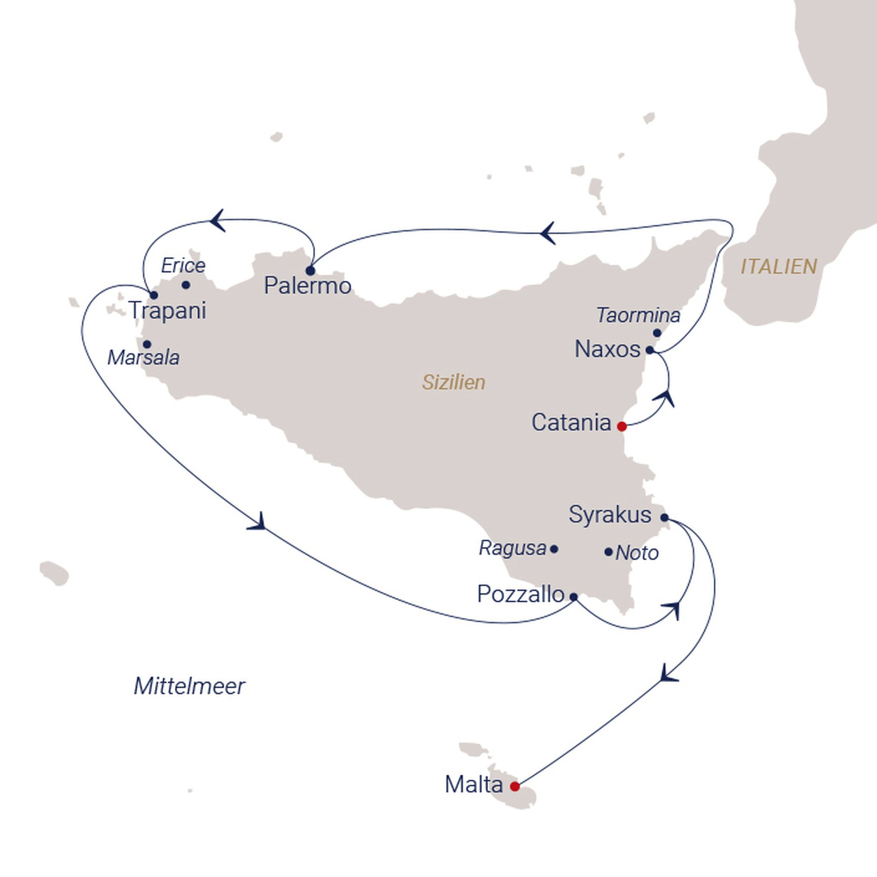 Official SEA CLOUD route map for Sea Cloud Spirit voyage SCS-2635 from Catania, Sicily to Valletta, Malta