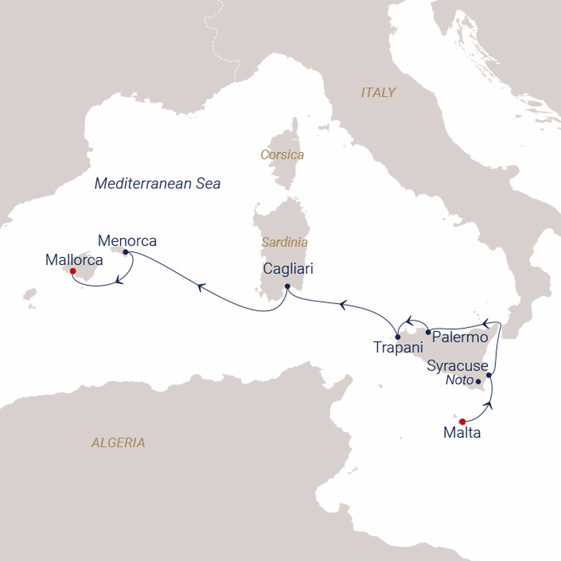 Official SEA CLOUD route map for Sea Cloud Spirit voyage SCS-2636 from Valletta, Malta to Palma de Mallorca, Spain