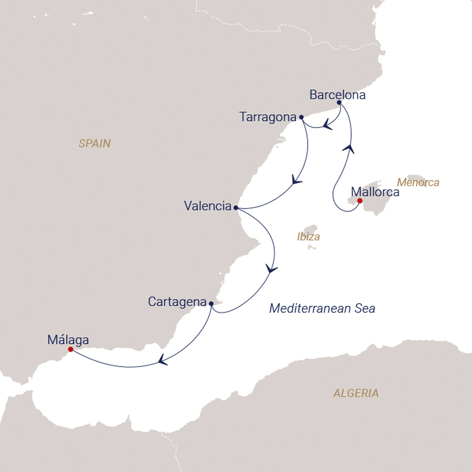 Official SEA CLOUD route map for Sea Cloud Spirit voyage SCS-2637 from Palma de Mallorca, Spain to Málaga, Spain