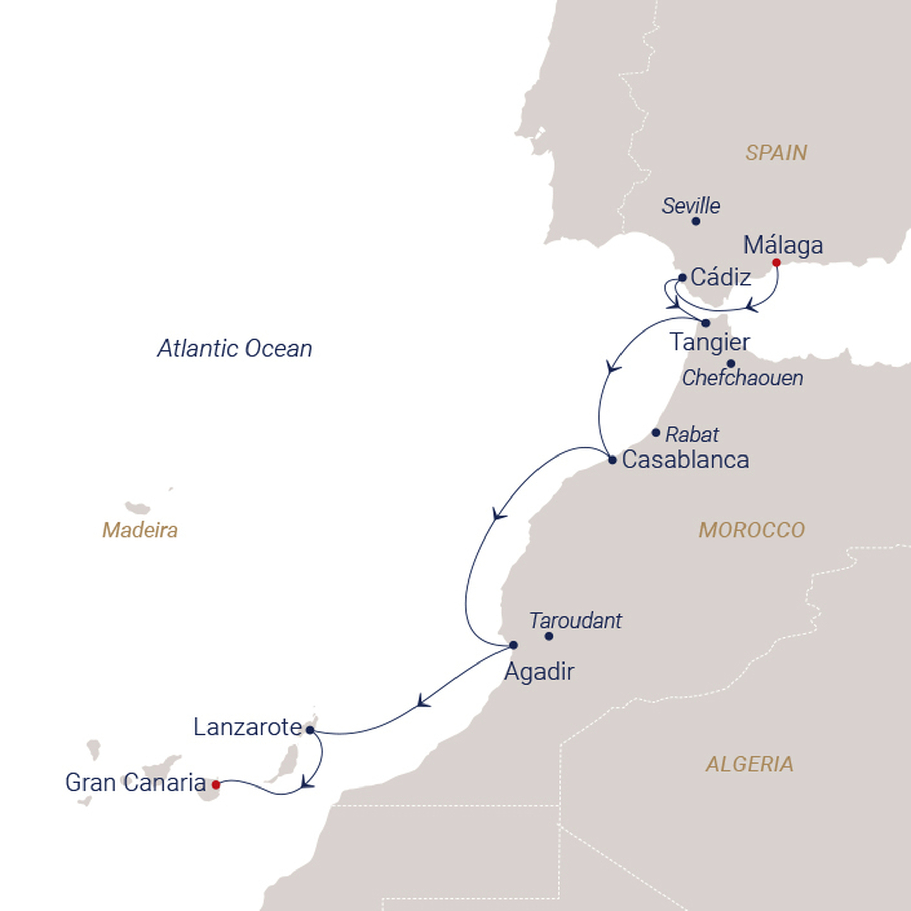 Official SEA CLOUD route map for Sea Cloud Spirit voyage SCS-2638 from Málaga, Spain to Las Palmas, Gran Canaria