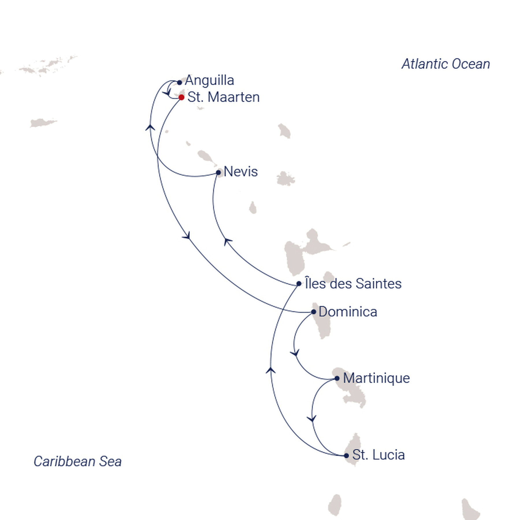 Official SEA CLOUD route map for Sea Cloud Spirit voyage SCS-2641 from Philipsburg, St. Maarten to Philipsburg, St. Maarten